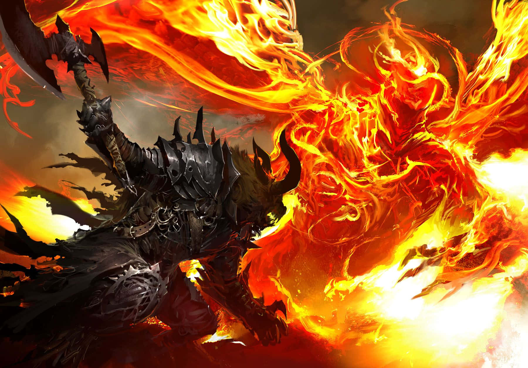 anime fire, dark armored warrior, spiked axe, HD Desktop Wallpaper