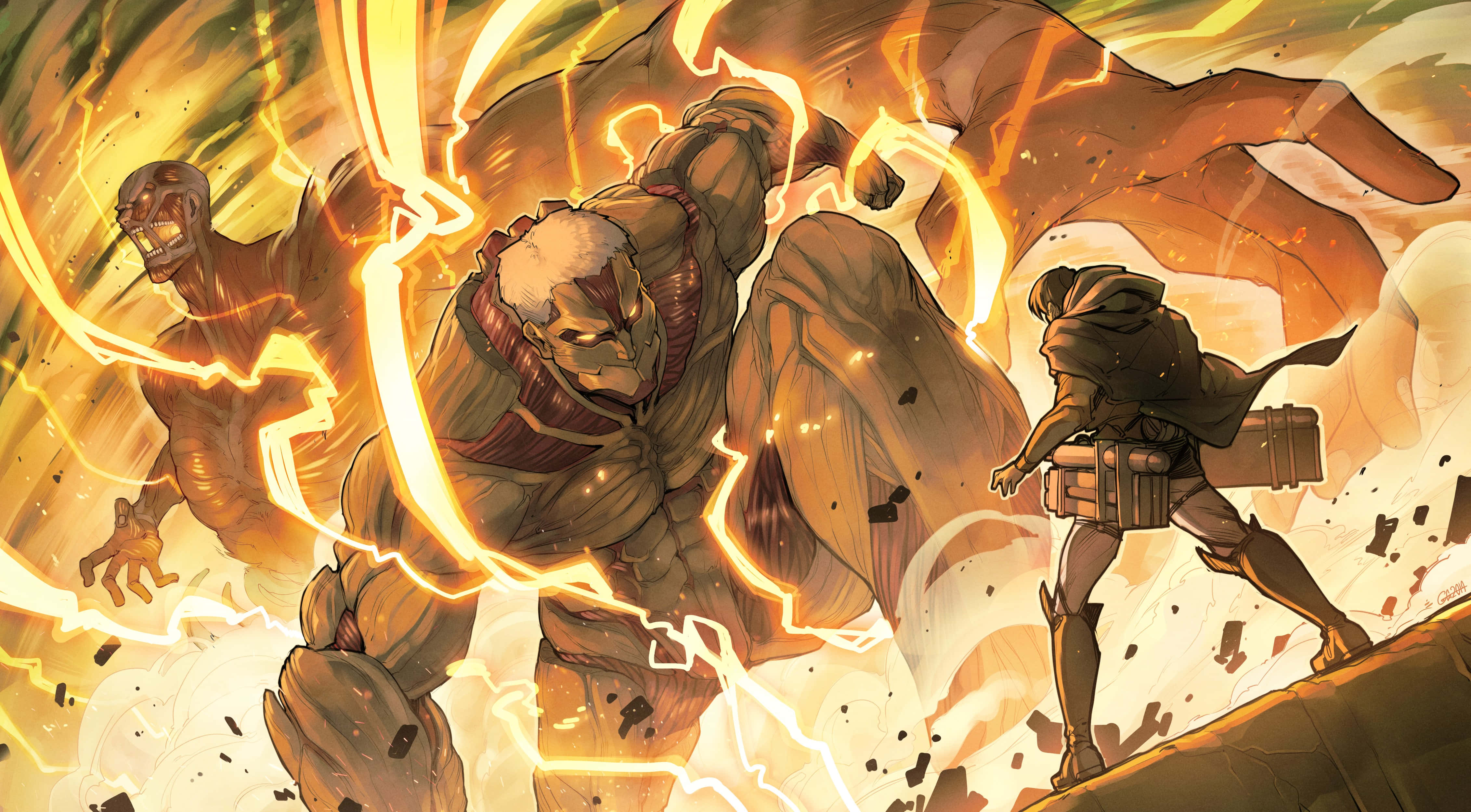 Anime Giant Monster With Fire, golden lightning, colossal titan, 4K Desktop Wallpaper