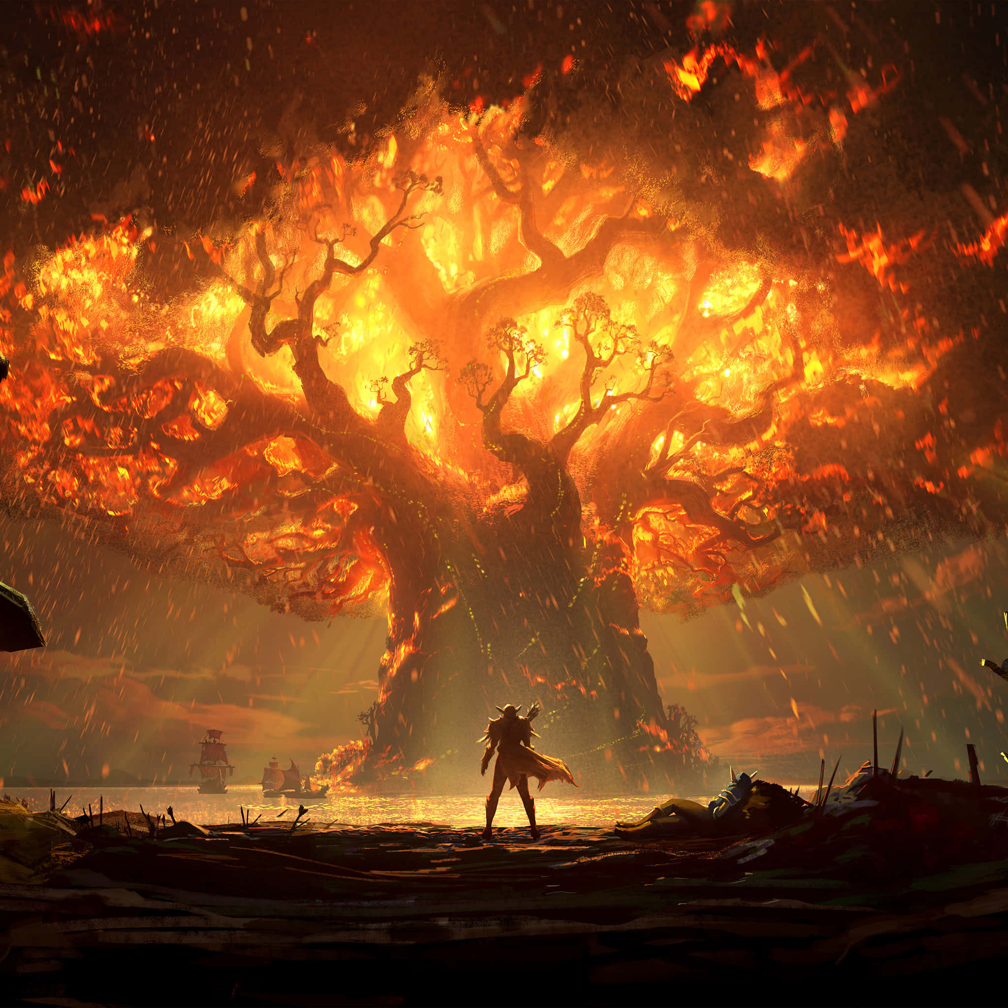 Anime Fire, burning tree, fiery light, Full HD Desktop Wallpaper