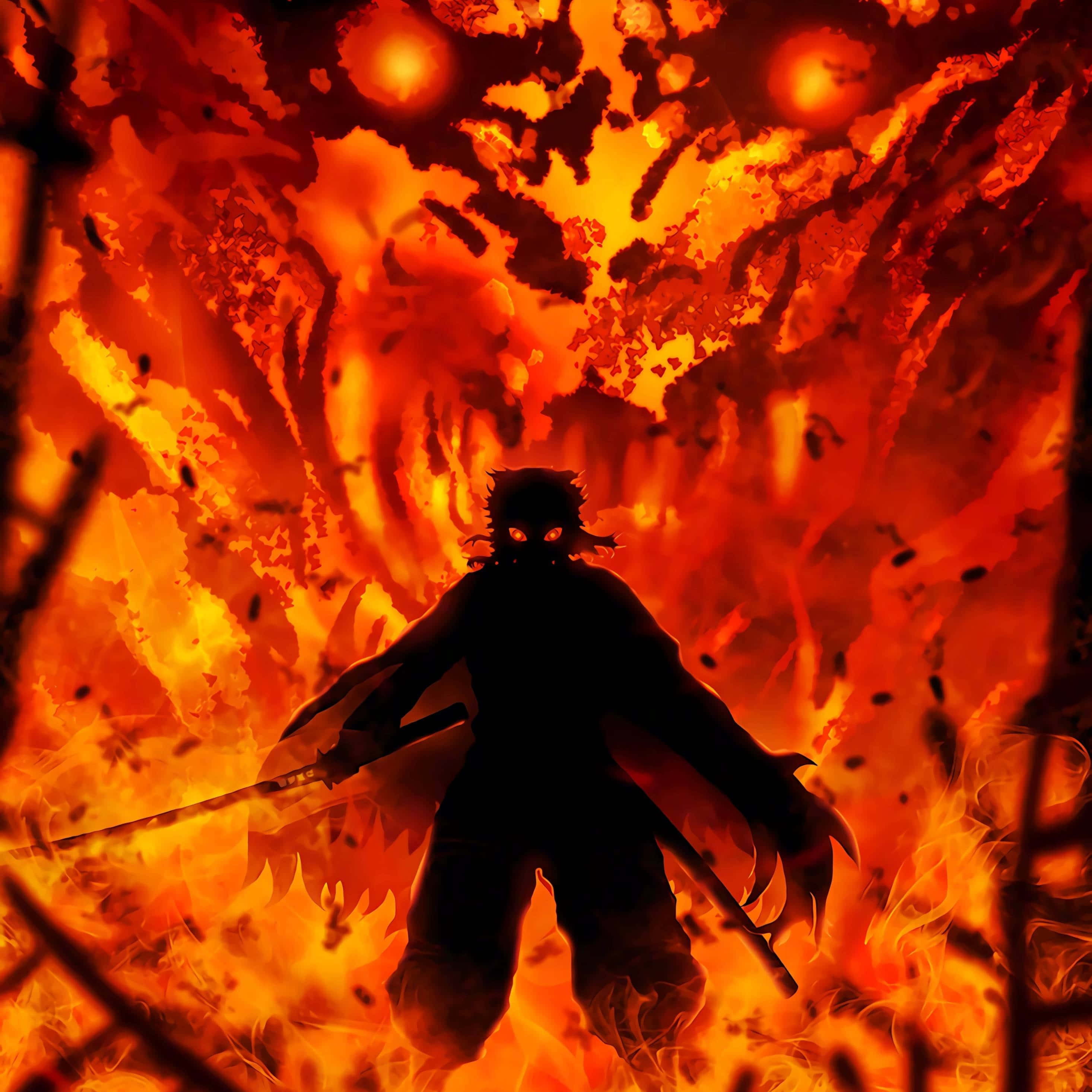 Anime Fire, warrior, glowing eyes, 2K Desktop Wallpaper