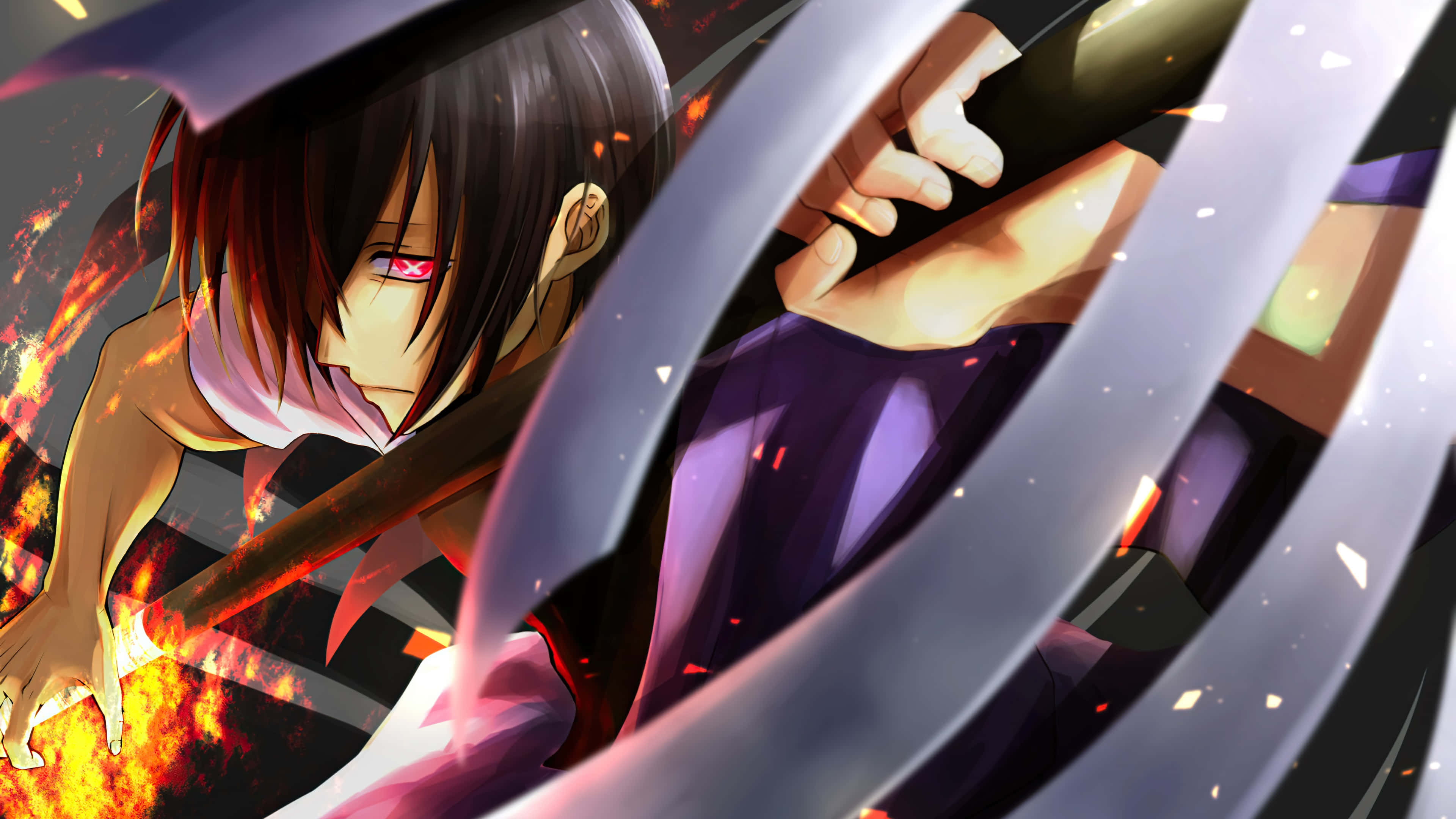 Anime Fire, red eyes, flaming sword, 4K Desktop Wallpaper
