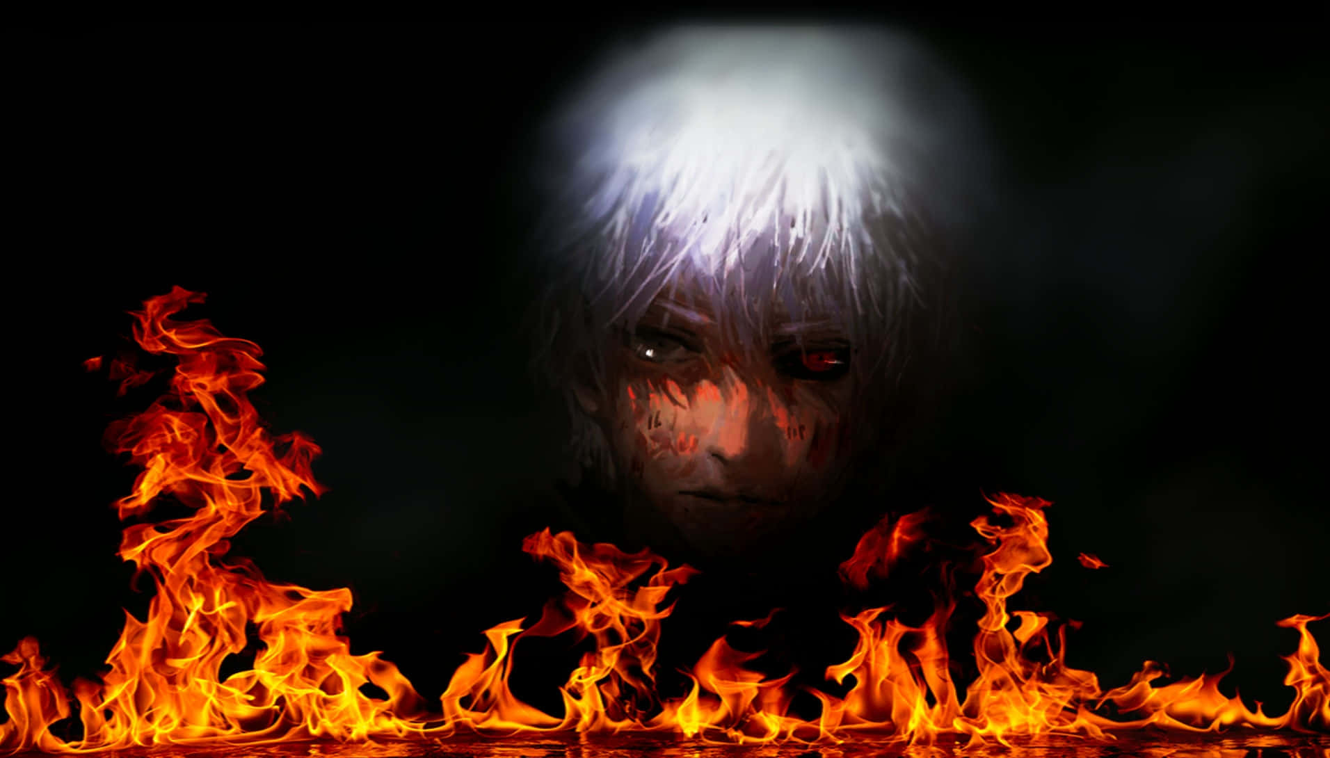 anime fire, white hair, red eyes, HD Desktop Wallpaper
