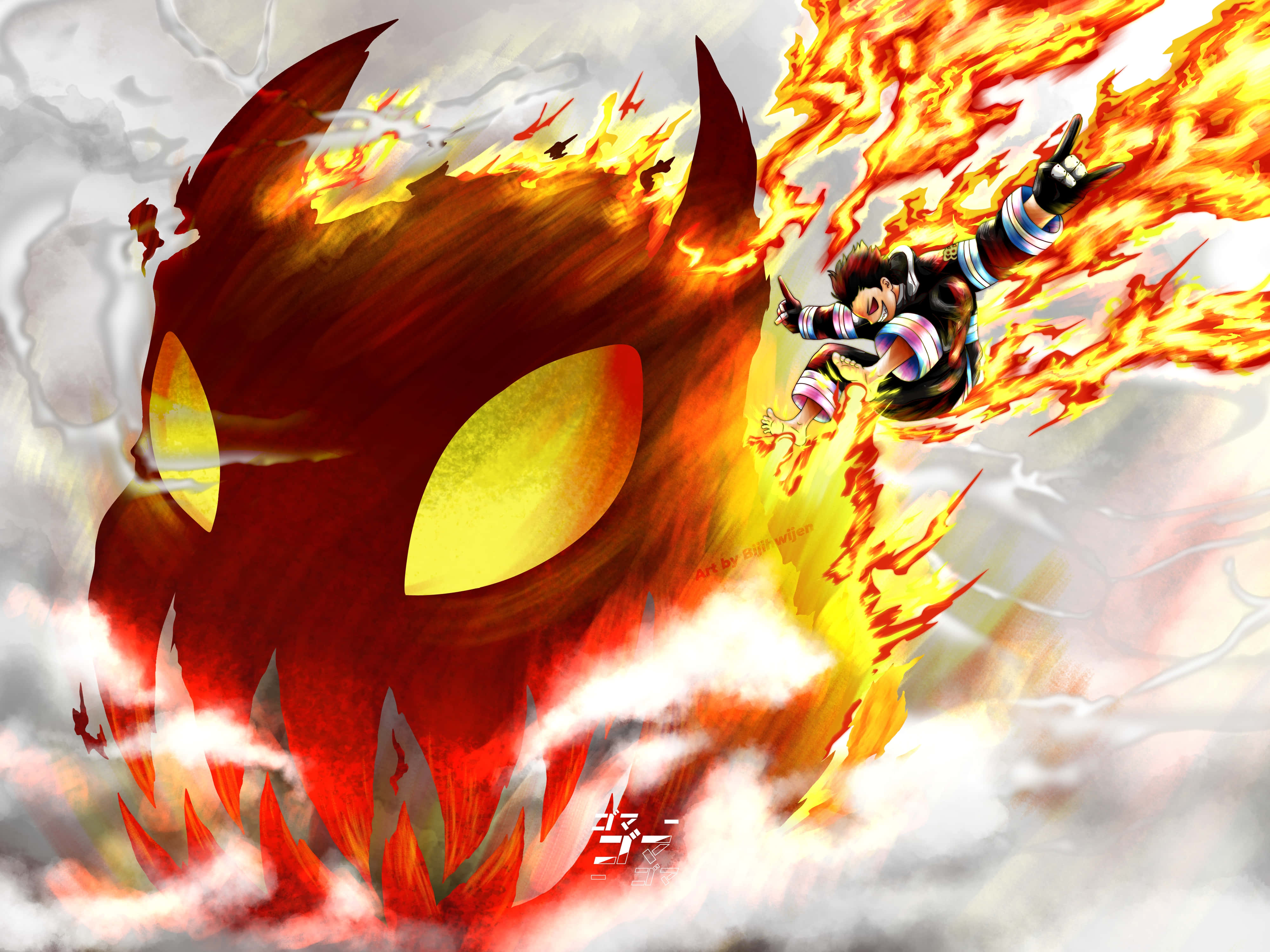 Anime Fire, flaming skull, stormy clouds, 4K Desktop Wallpaper