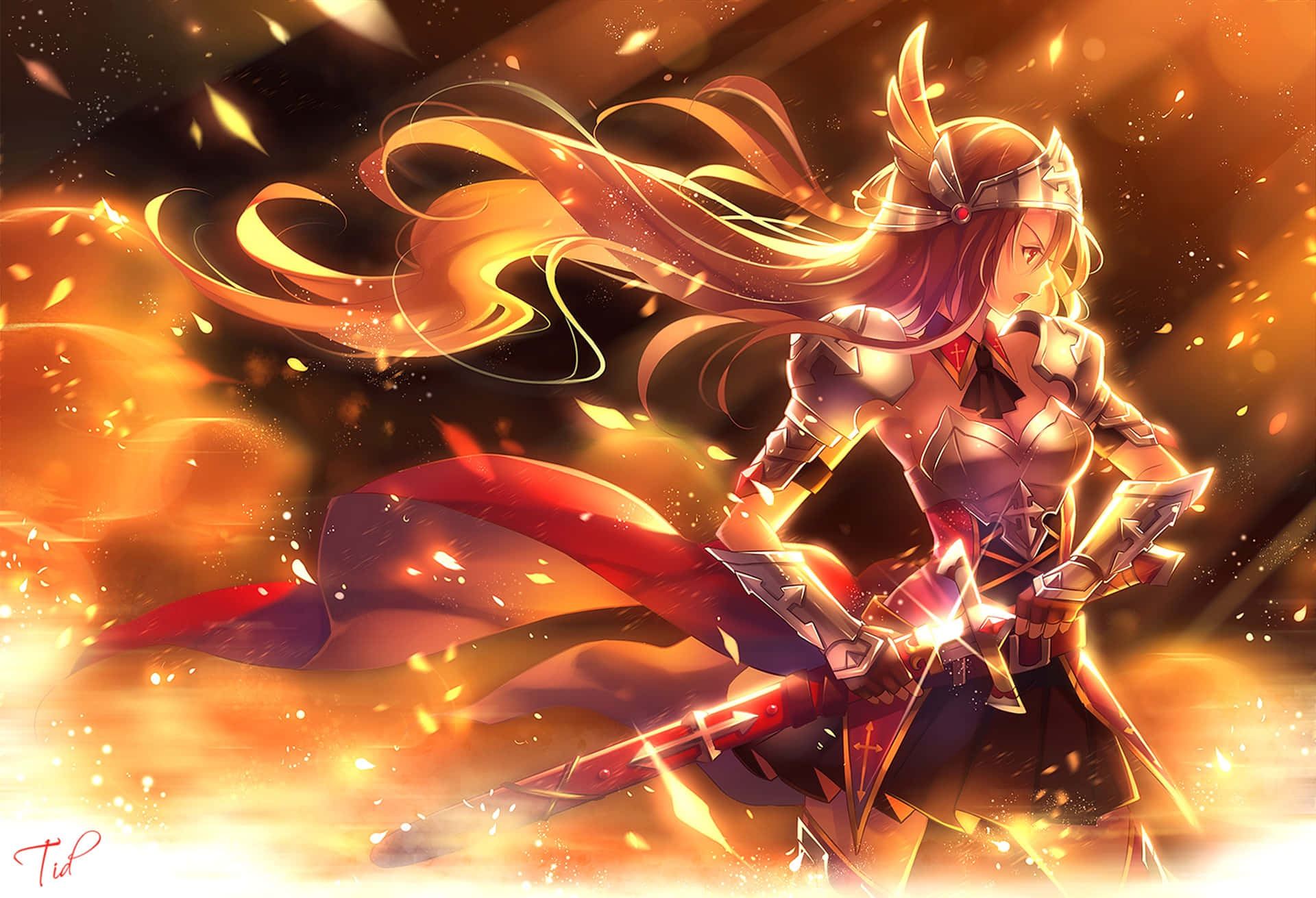 Anime Fire, fiery-haired anime warrior, gleaming armor, Full HD Desktop Wallpaper