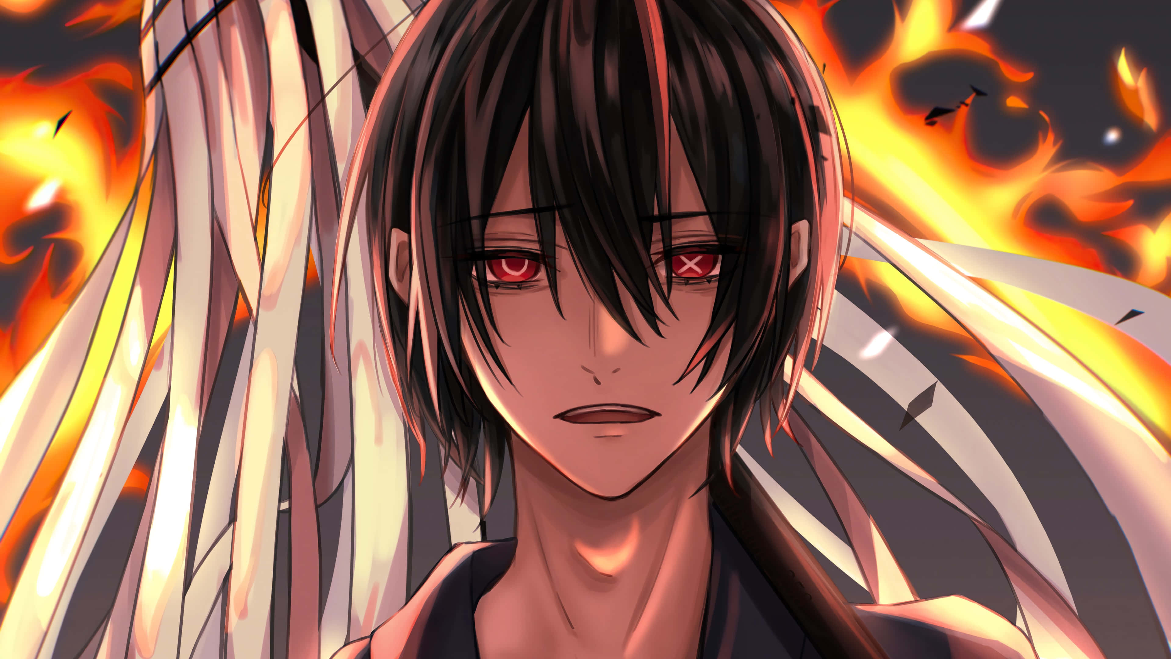 Anime Boy, red eyes, fiery orange and black background, 4K Desktop Wallpaper