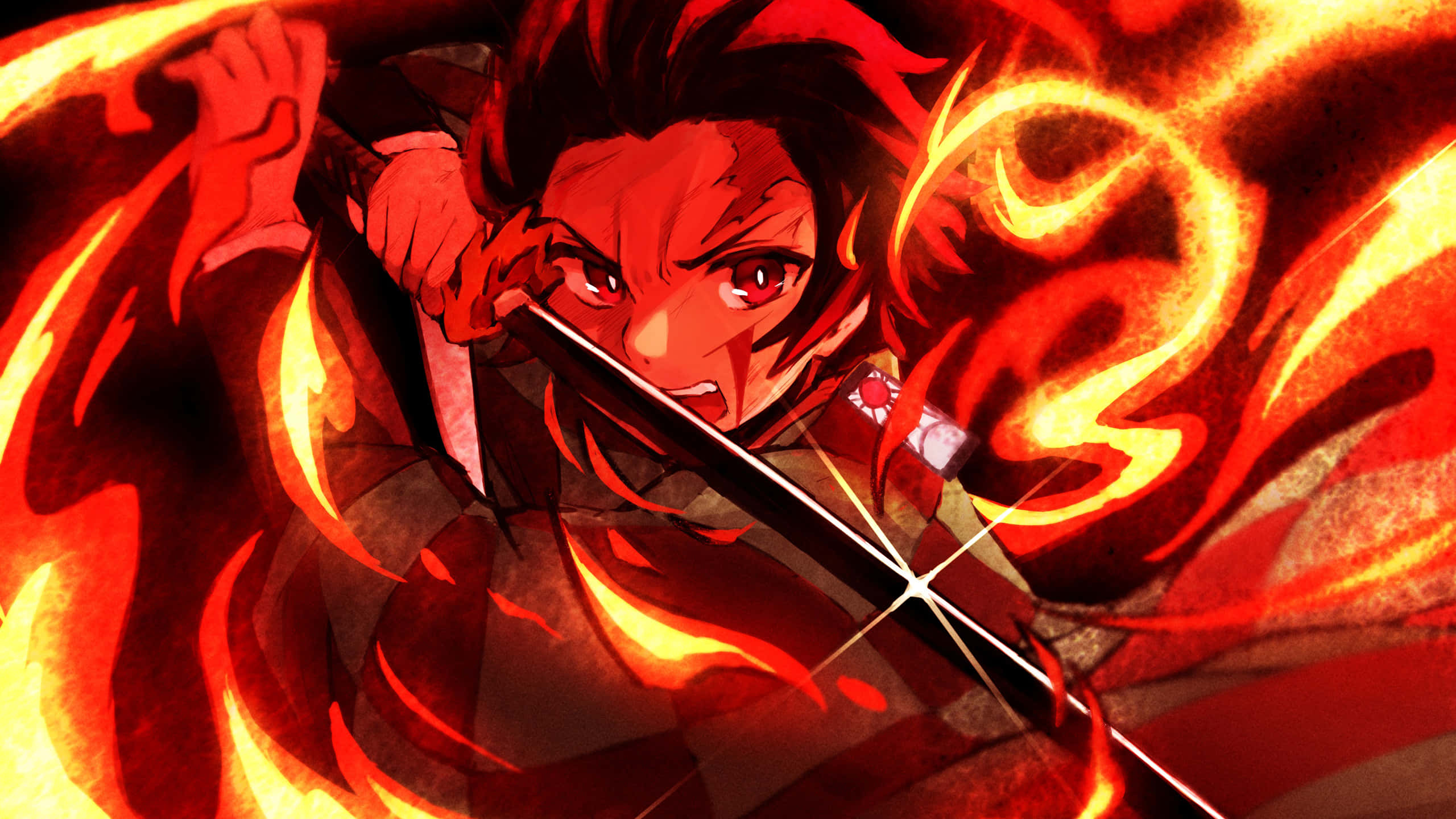 Anime Fire, fiery red hair, glowing eyes, 2K Desktop Wallpaper