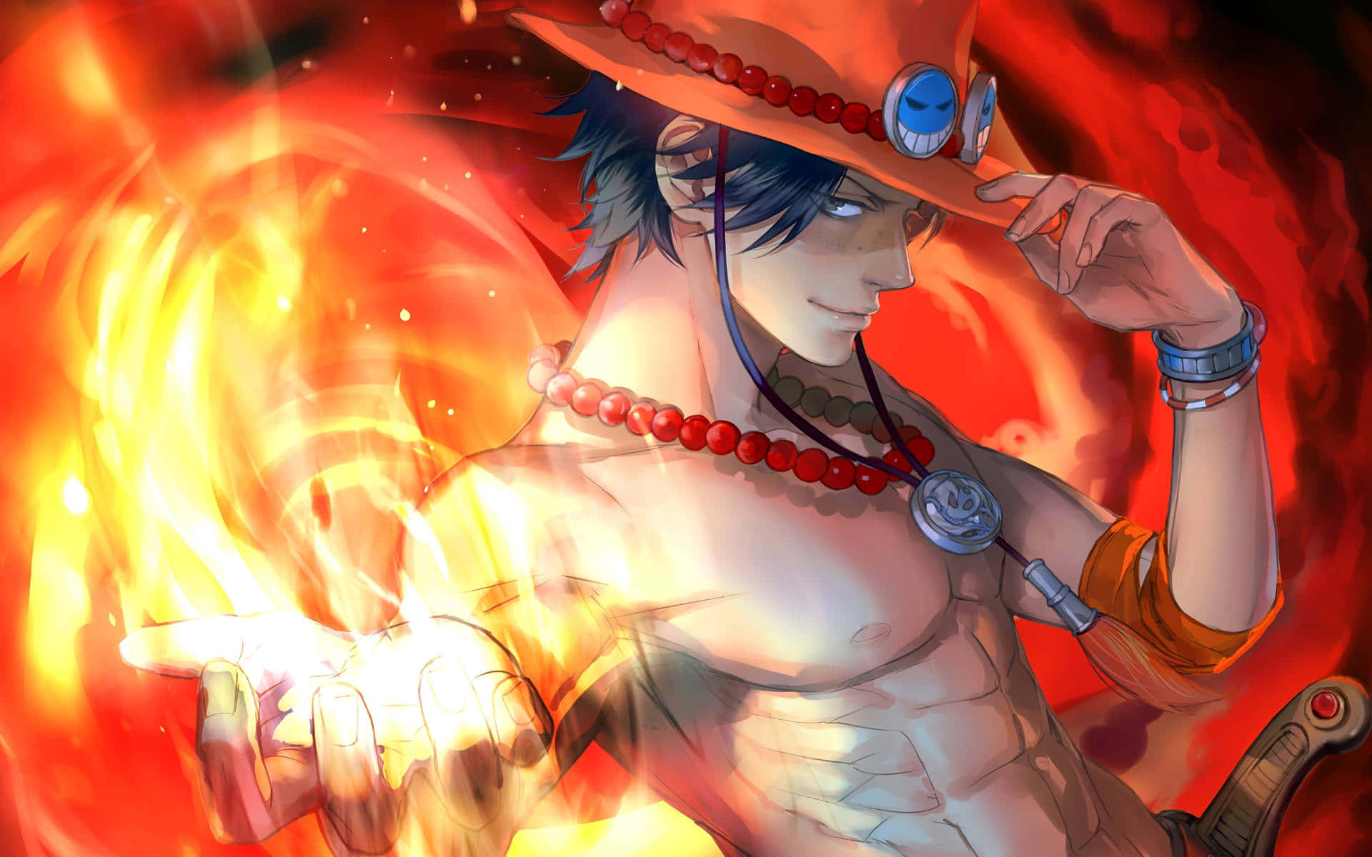 Anime Fire, red hat, fiery energy, Full HD Desktop Wallpaper
