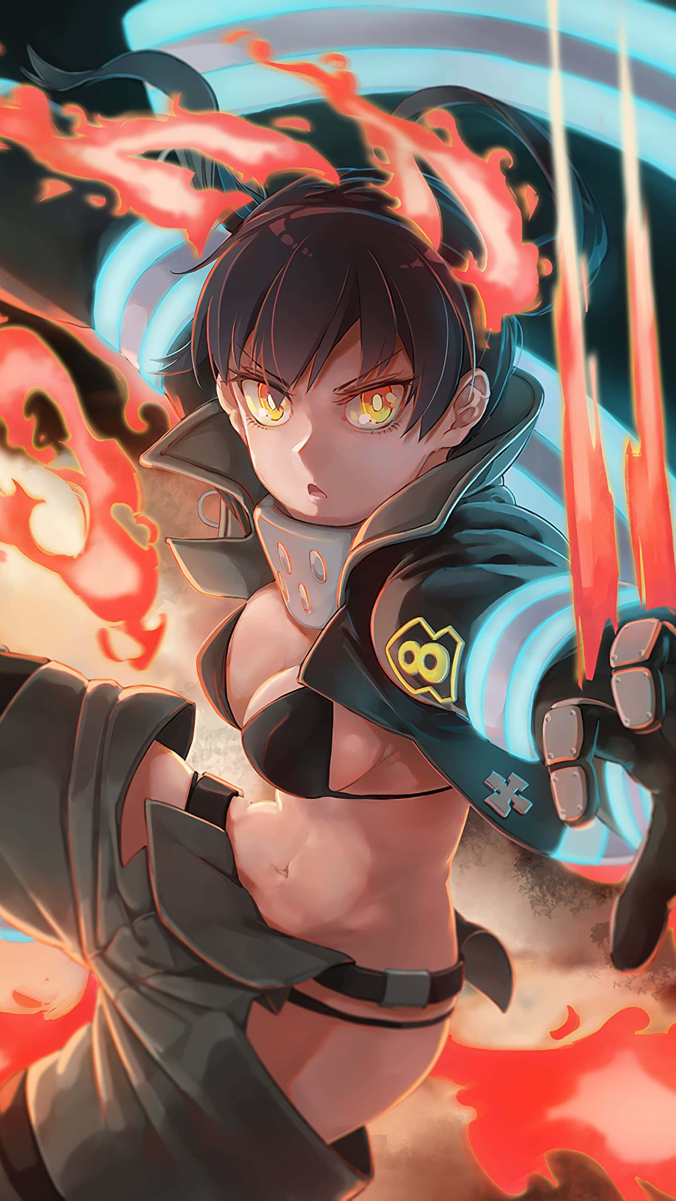 Anime Fire, glowing yellow eyes, fiery red energy, 4K Phone Wallpaper