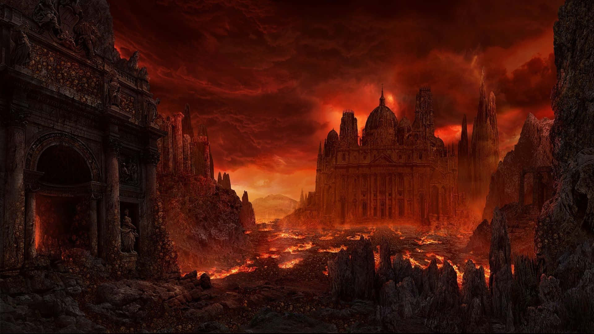 Anime Fire, cathedral, fiery volcanic landscape, Full HD Desktop Wallpaper