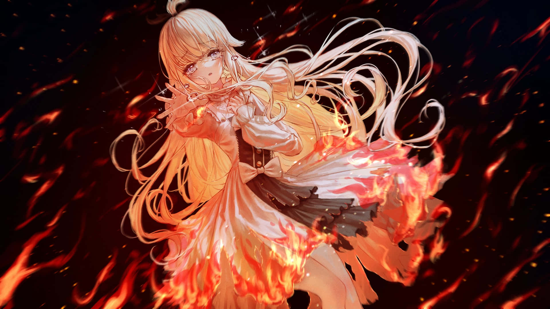 Anime Fire, fiery anime girl, flowing blonde hair, Full HD Desktop Wallpaper