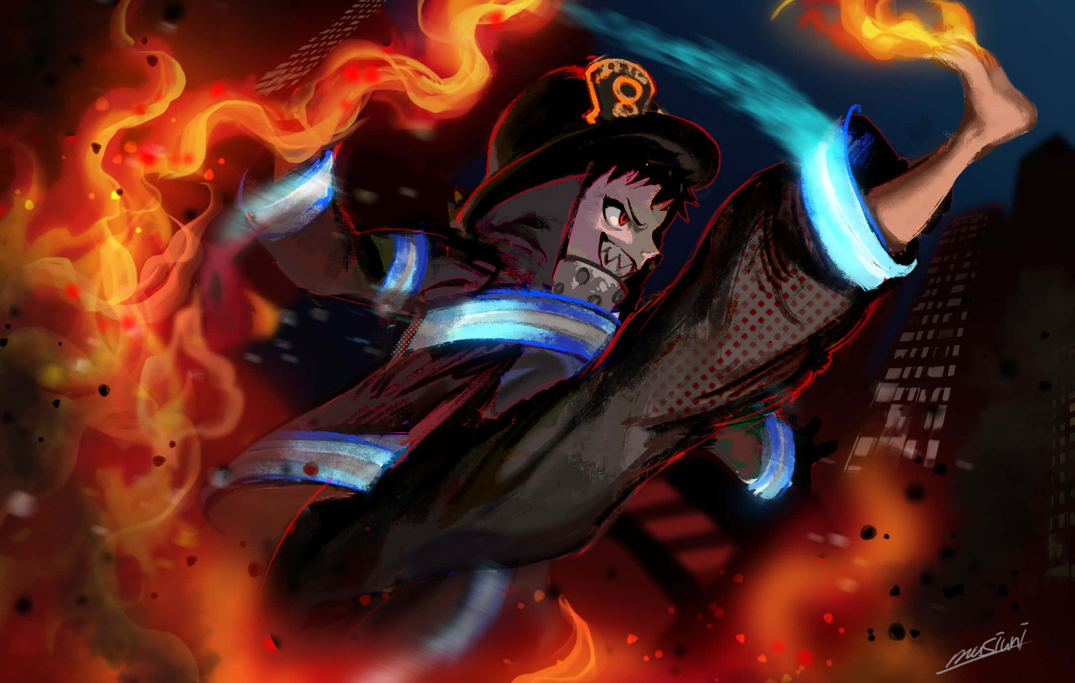 Anime Fire, fiery anime firefighter, glowing blue energy, Full HD Desktop Wallpaper
