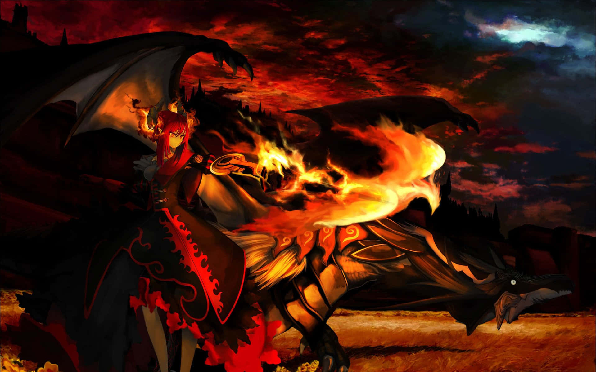 anime fire, fiery dragon, glowing eyes, Full HD Desktop Wallpaper
