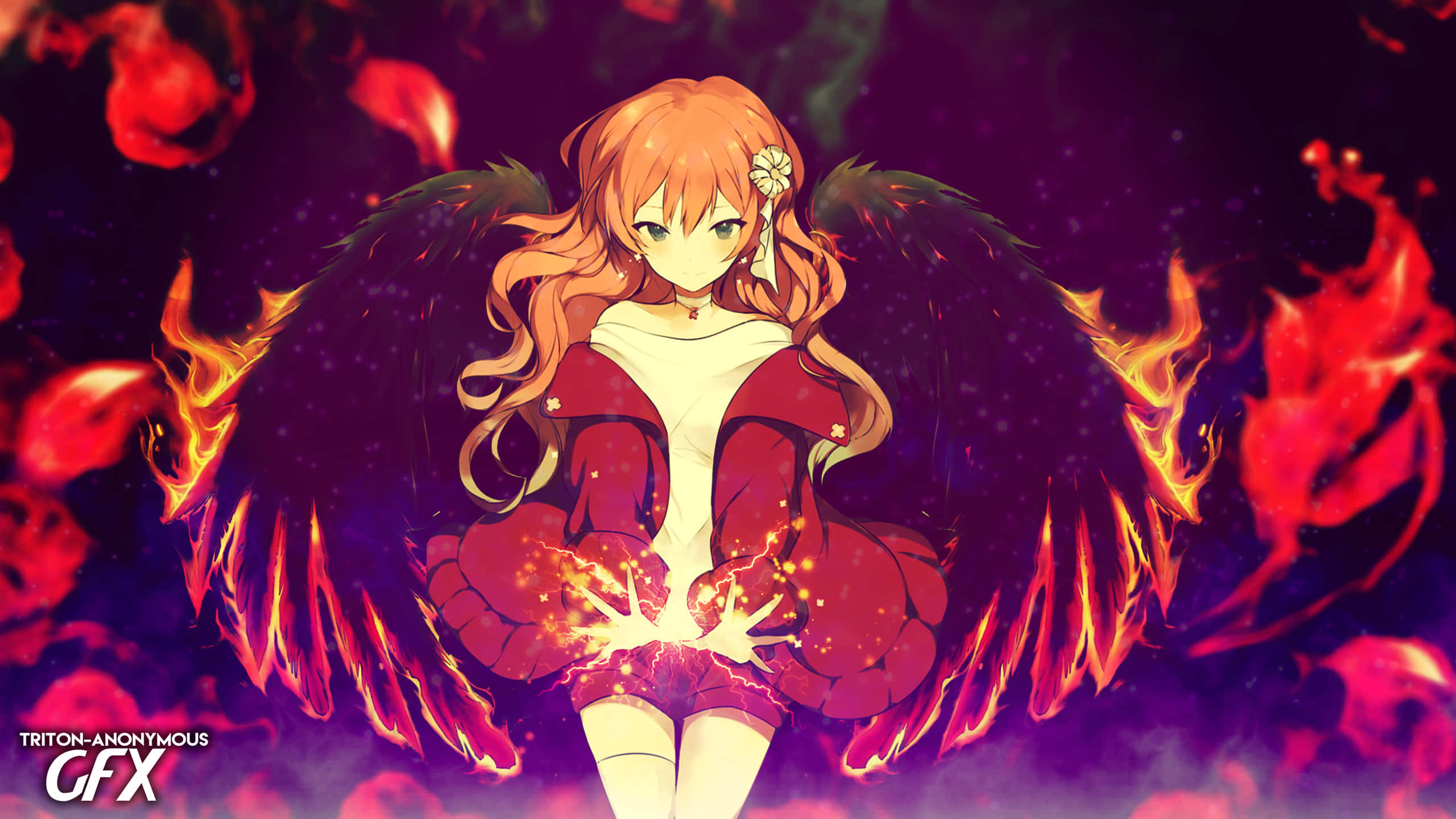 Anime Wings With Fire, fiery-winged anime girl, orange hair, 2K Desktop Wallpaper