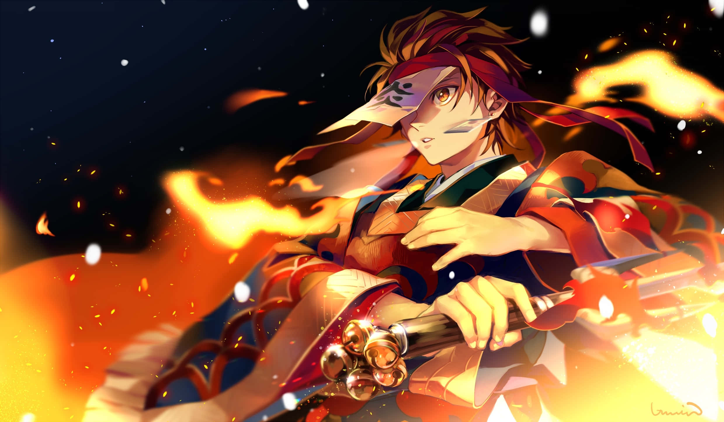 Anime Fire, fiery-haired anime warrior, glowing sword, Full HD Desktop Wallpaper