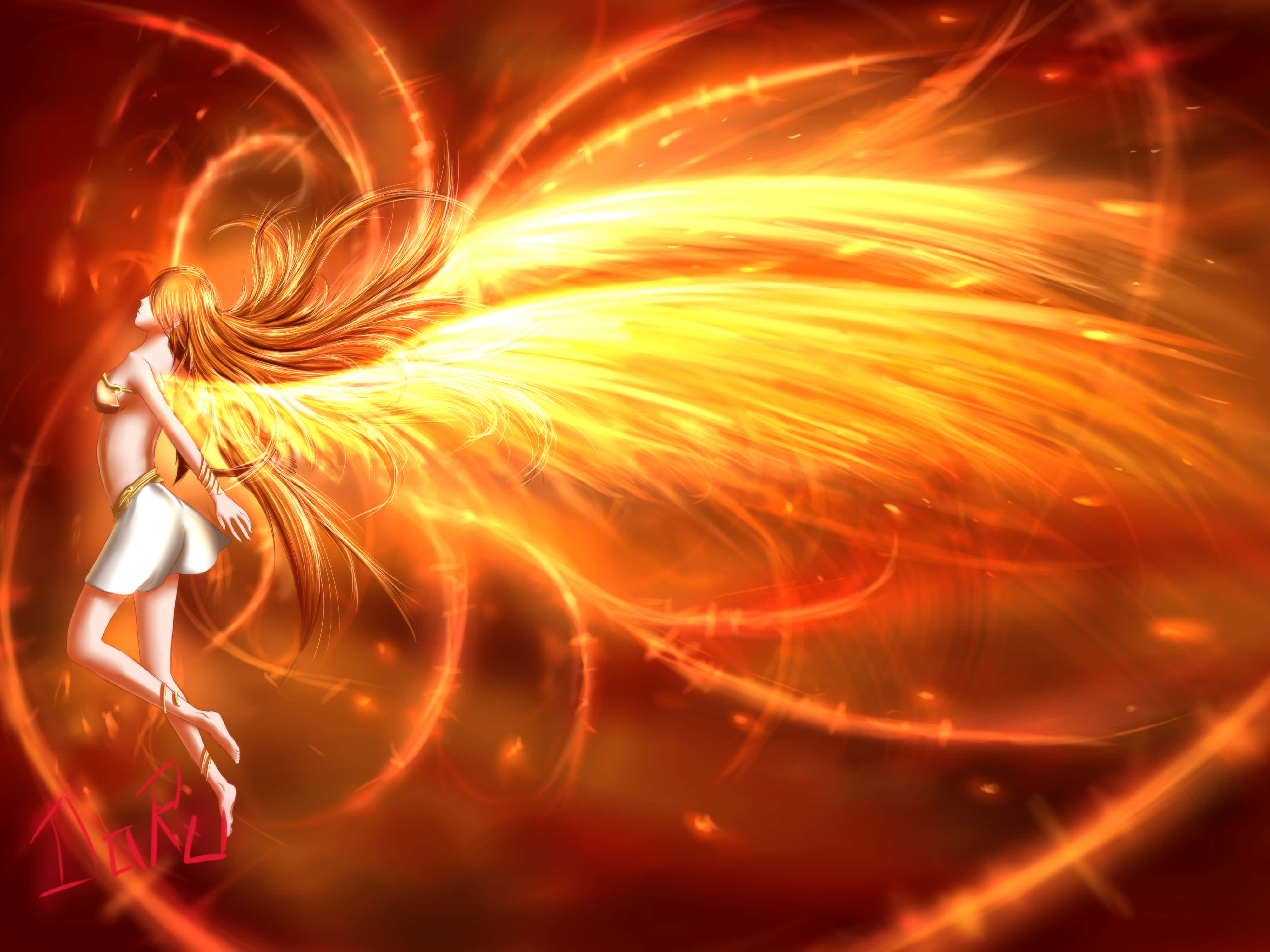 Anime Fire, fiery-haired anime girl, glowing wings, 4K Desktop Wallpaper