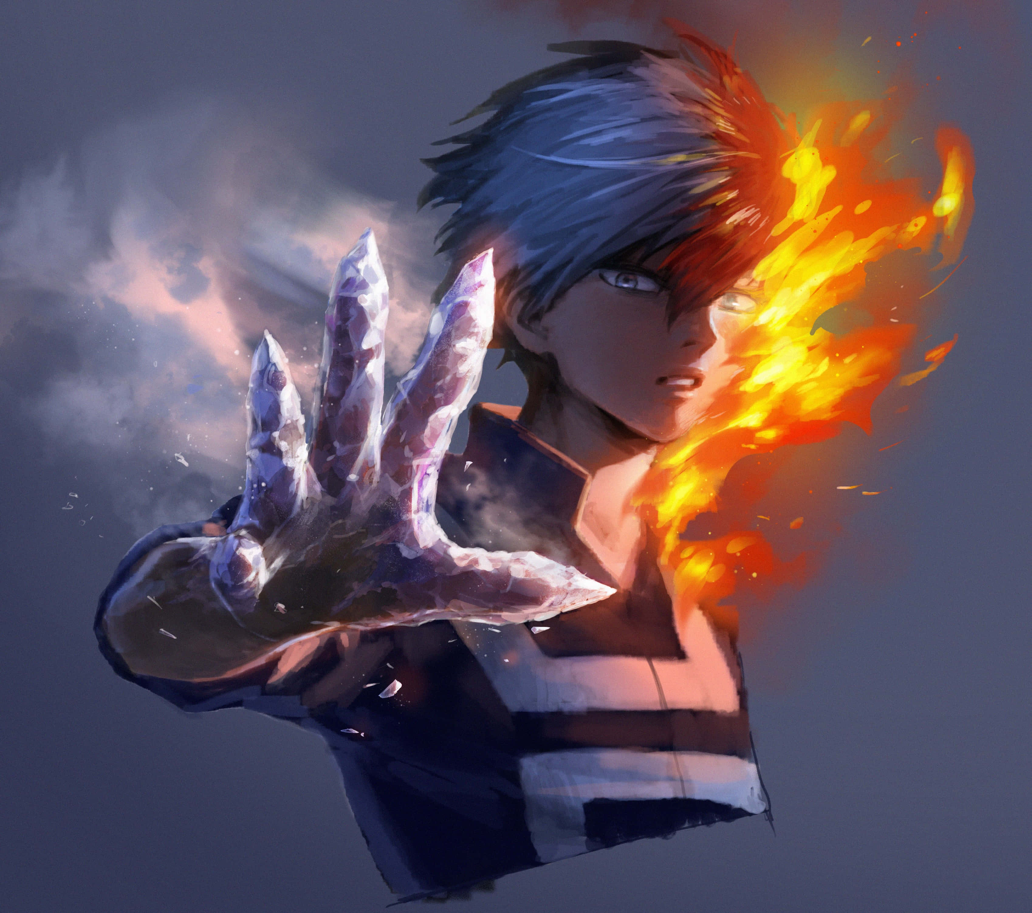 Anime Fire, half-blue half-red hair, ice and fire powers, 2K Desktop Wallpaper