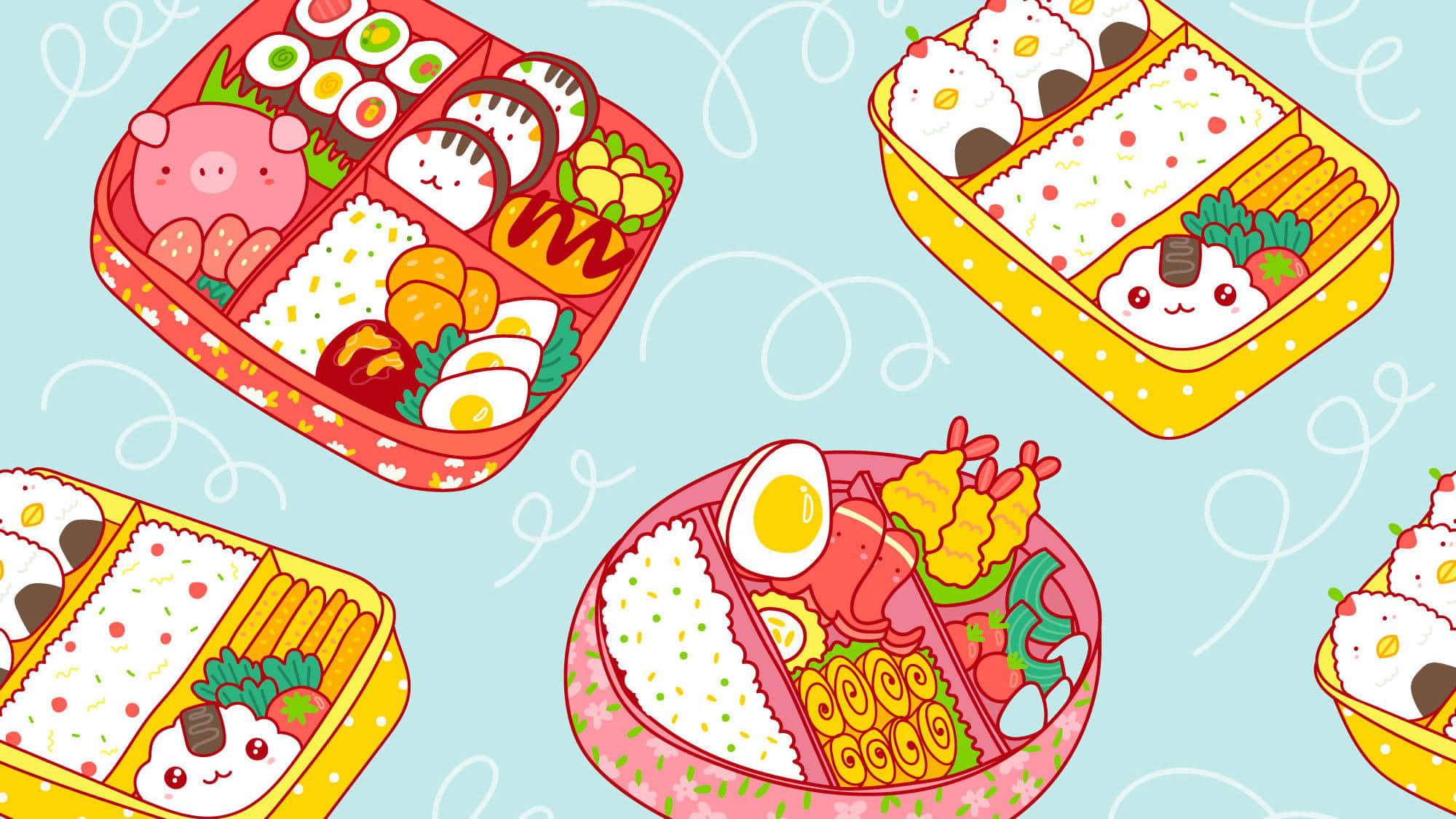 cute anime style bento boxes, colorful cartoon bento boxes, rice sushi eggs, Full HD Desktop Wallpaper