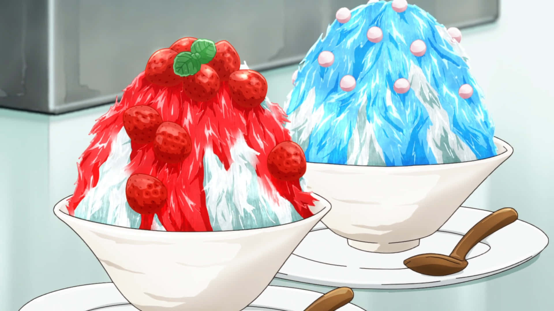 shaved ice, red with strawberries and mint, blue with pink pearls, Full HD Desktop Wallpaper