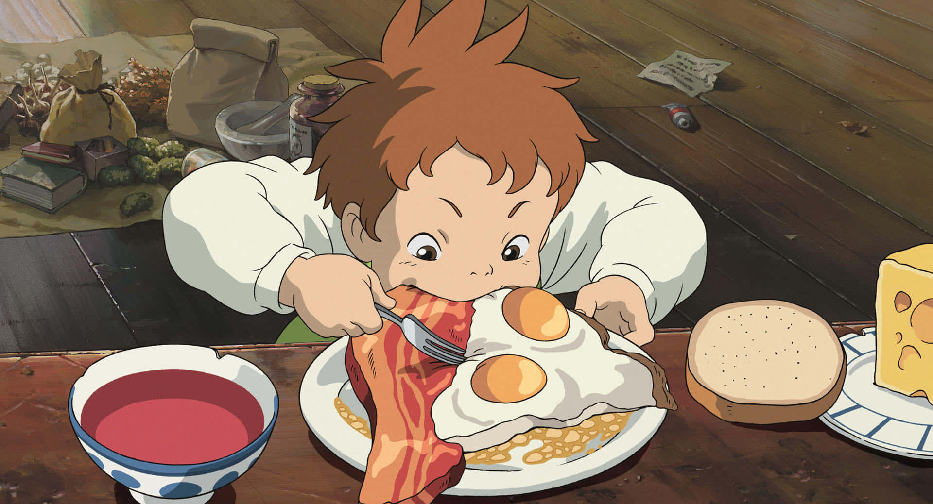 spiky brown hair, bacon eggs and toast, wooden table, Full HD Desktop Wallpaper