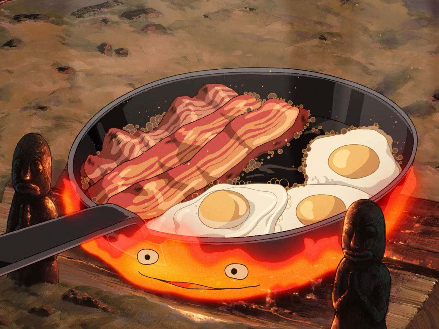 animated breakfast frying pan, sunny side up eggs, sizzling bacon, HD Desktop Wallpaper