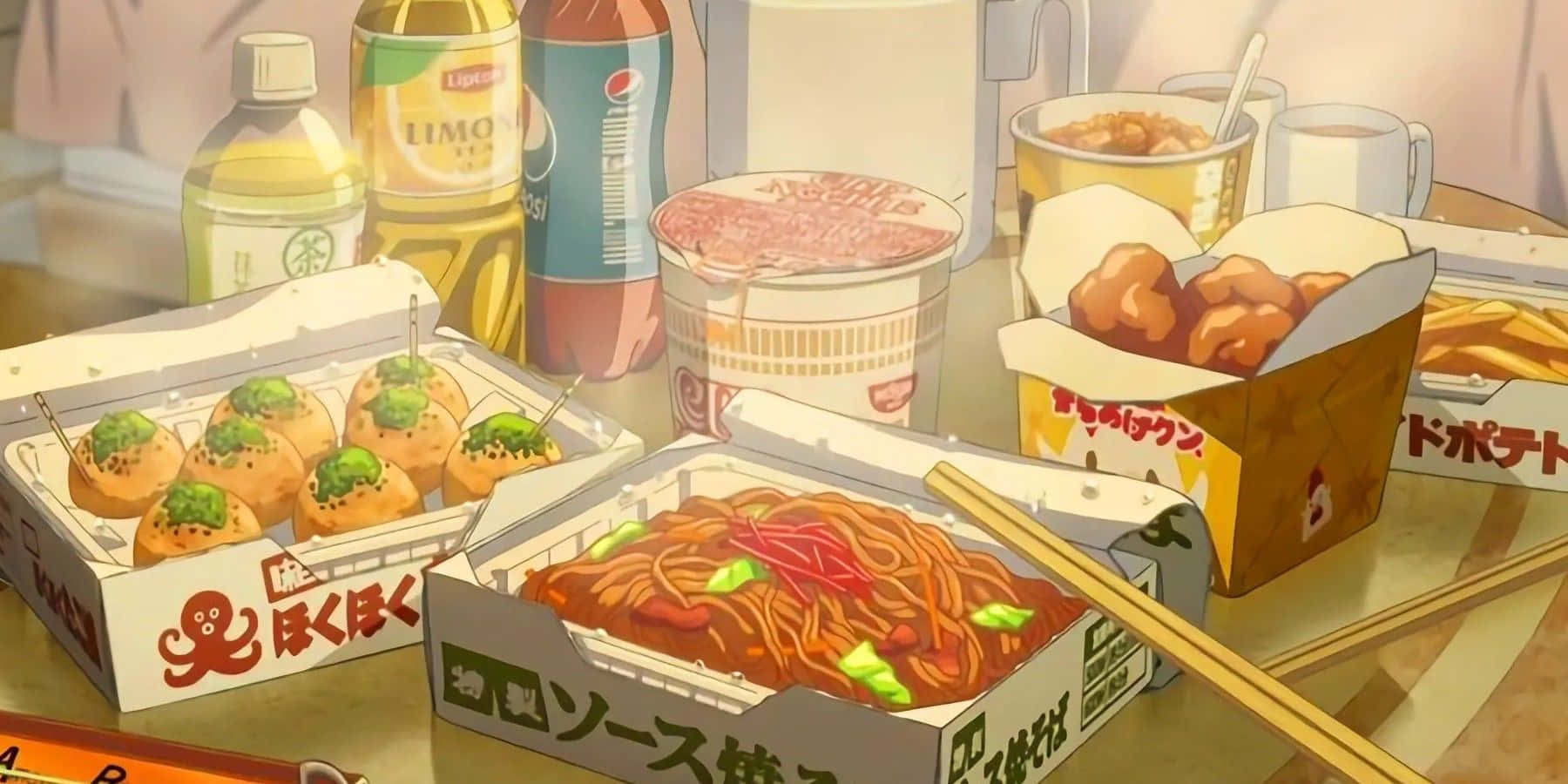 anime fast food feast, Japanese takeout food, takoyaki, HD Desktop Wallpaper
