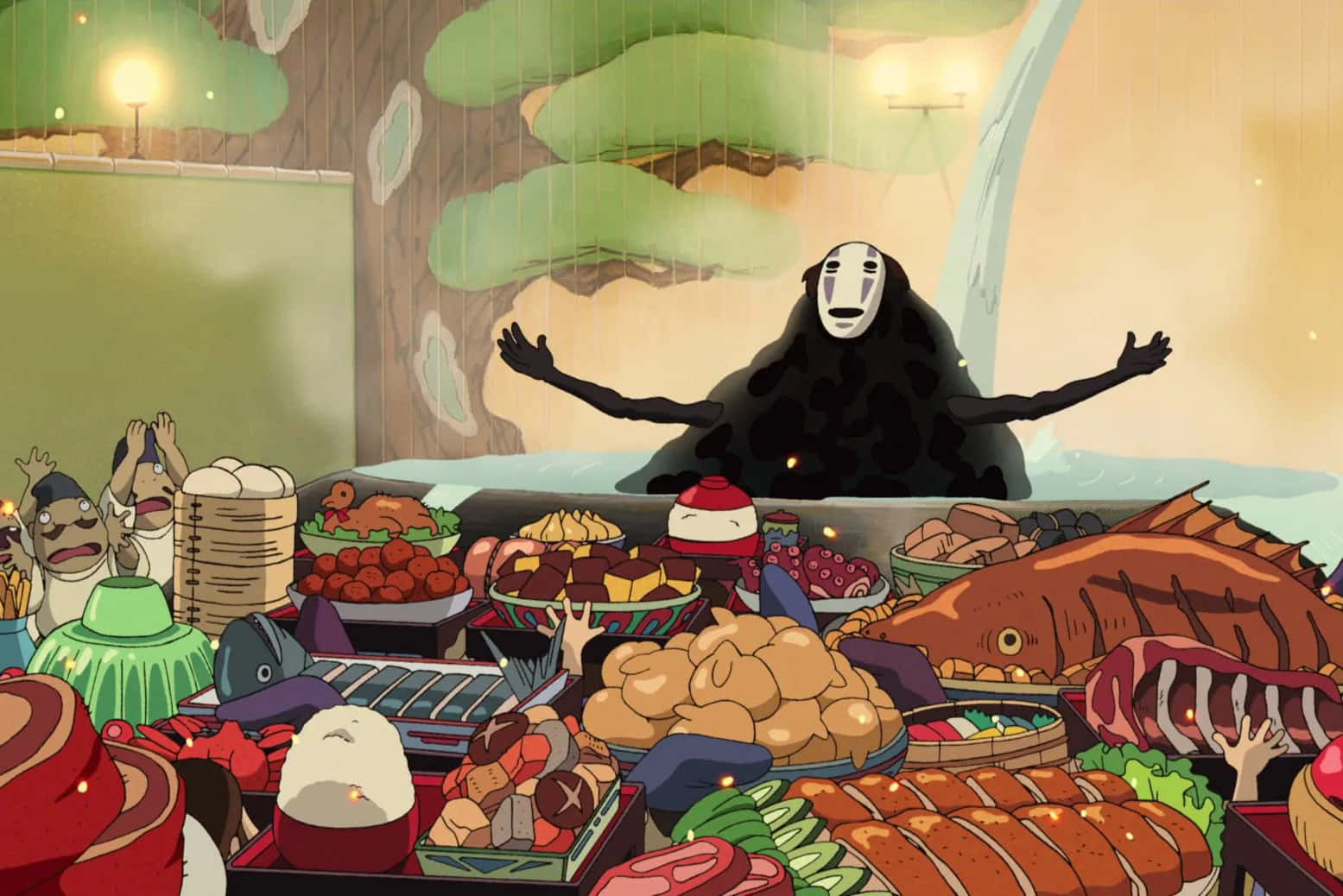 Animated Spirit Feast, masked black spirit, lavish spread of colorful Japanese food, HD Desktop Wallpaper