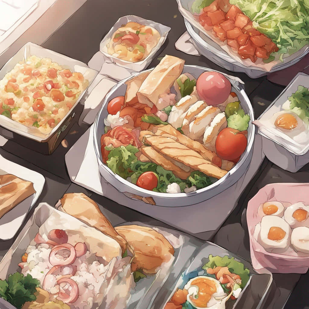 anime bento feast, takeout containers, rice, SD Desktop Wallpaper