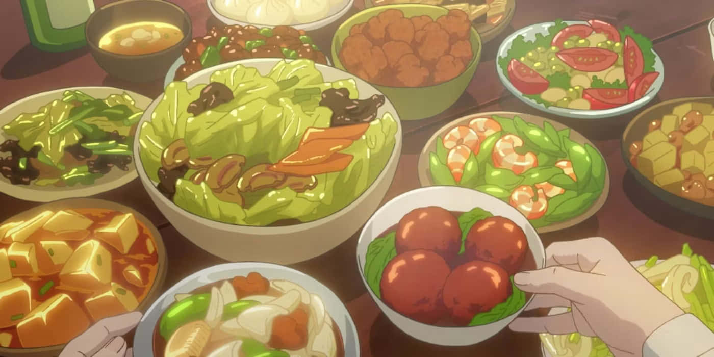 Anime Feast Spread, red meatballs, anime-style Asian dishes, HD Desktop Wallpaper