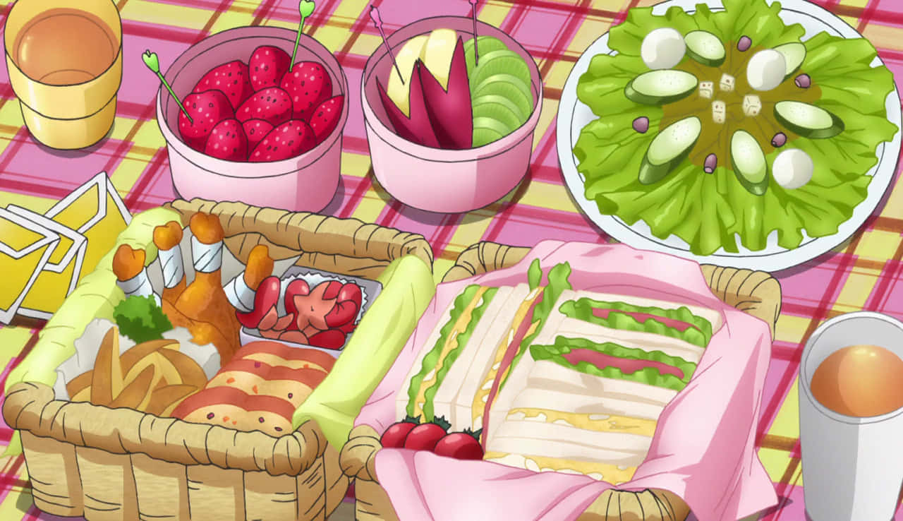anime picnic food spread, checkered blanket, sandwiches, HD Desktop Wallpaper