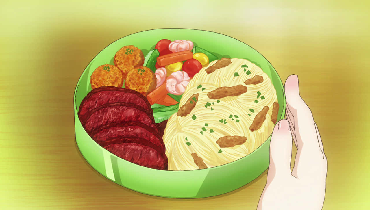 green bento box, pasta meatballs, shrimp, HD Desktop Wallpaper
