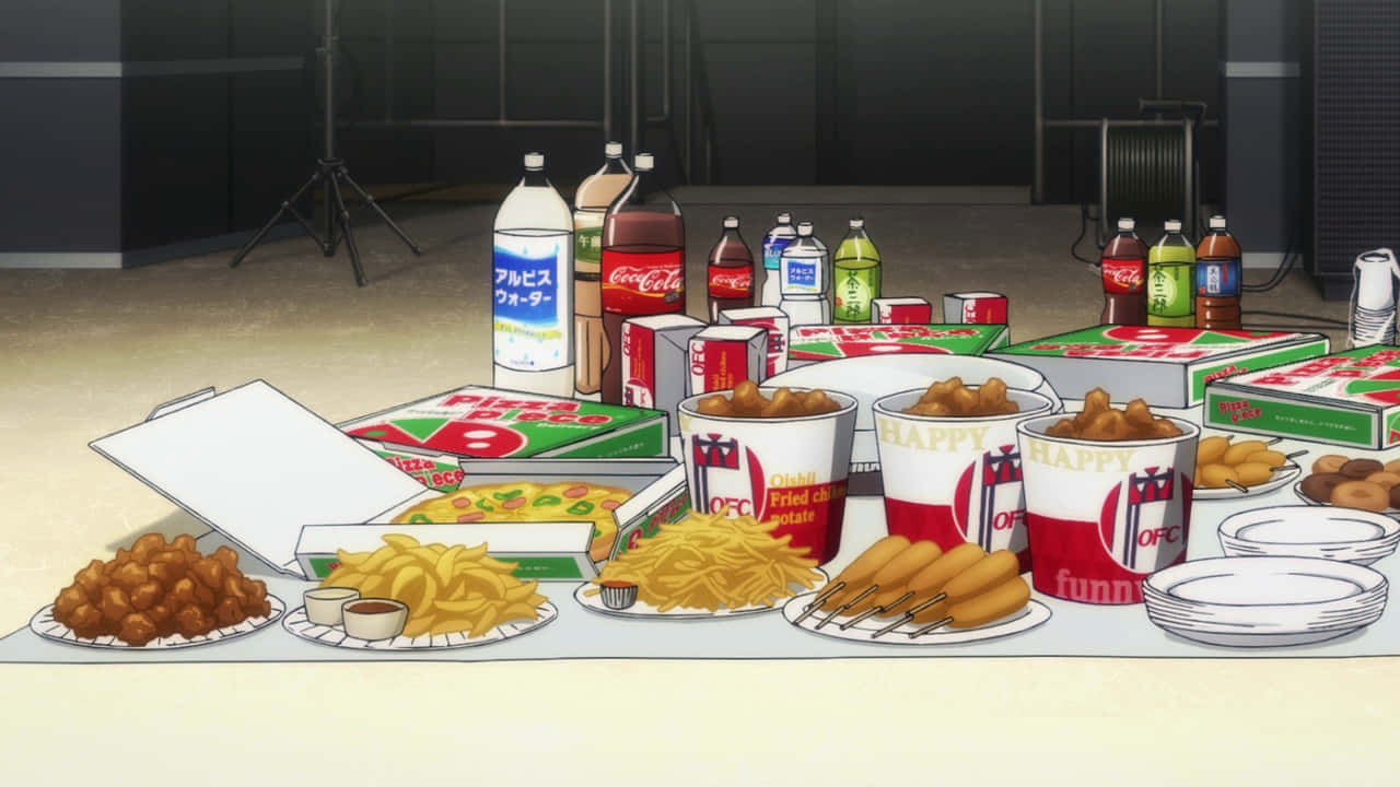 anime-style fast food, pizza fries, chicken nuggets, HD Desktop Wallpaper