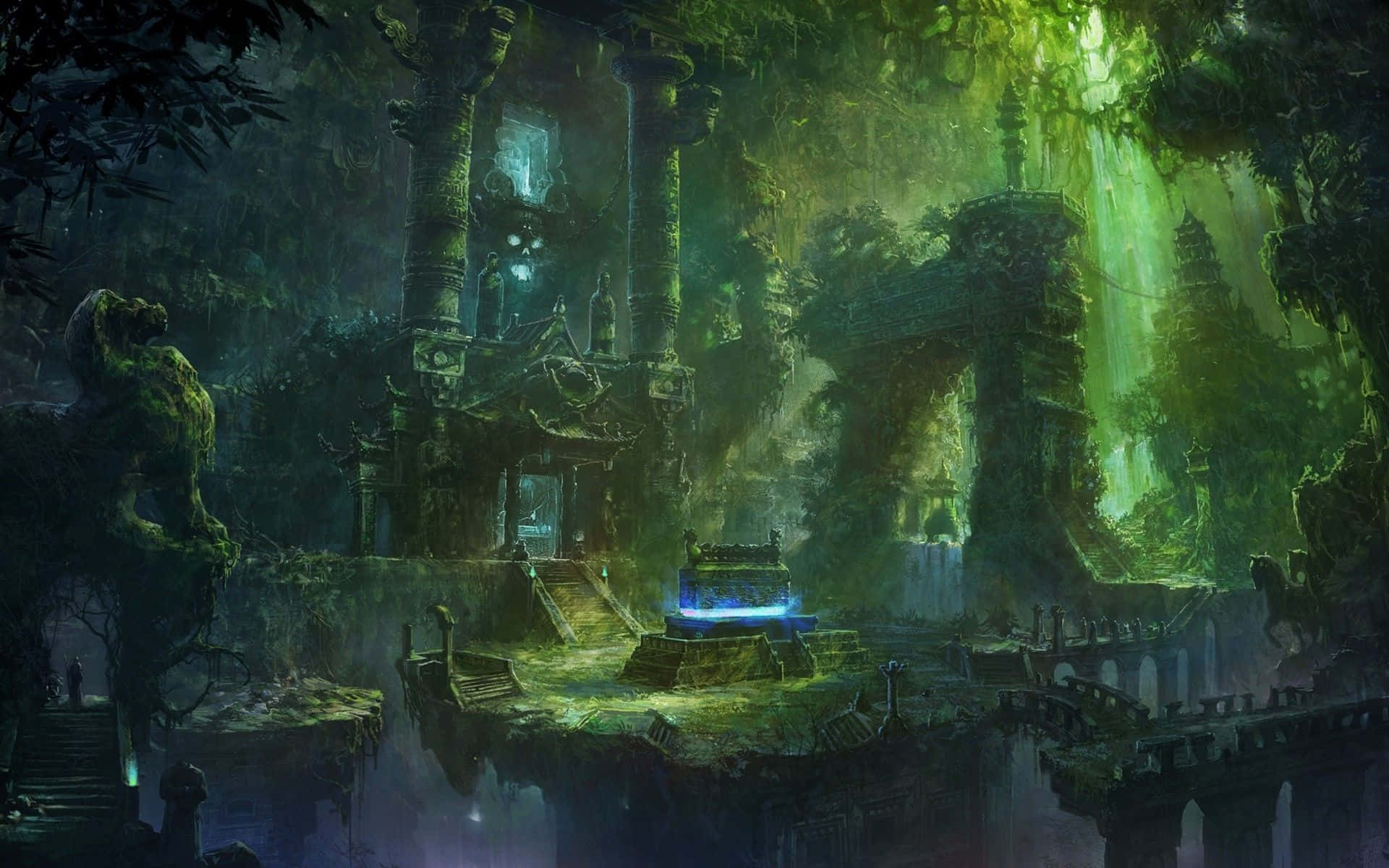 Anime Forest, ancient stone ruins, moss, Full HD Desktop Wallpaper