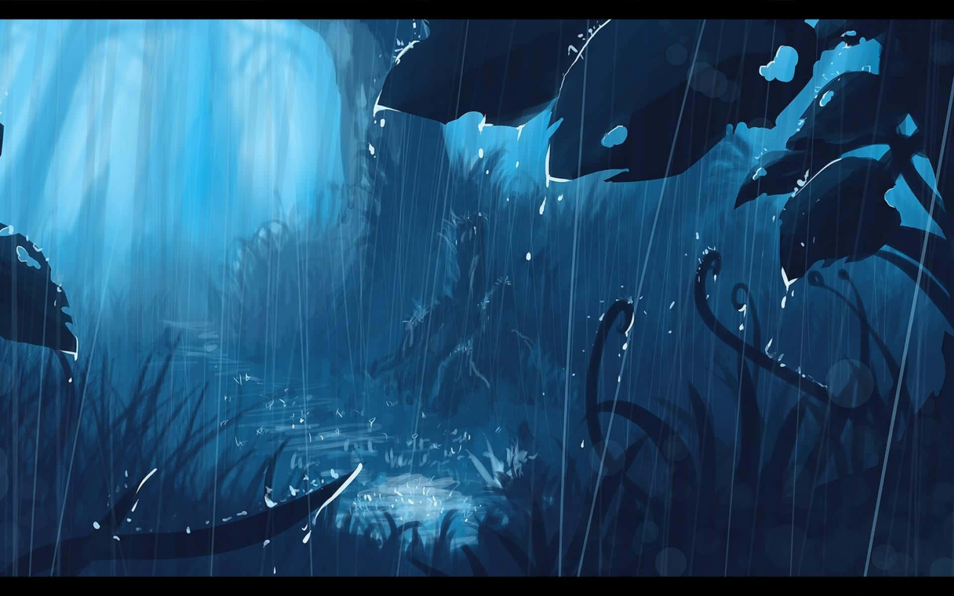 Anime Forest, blue-lit jungle canopy, glowing water droplets, Full HD Desktop Wallpaper