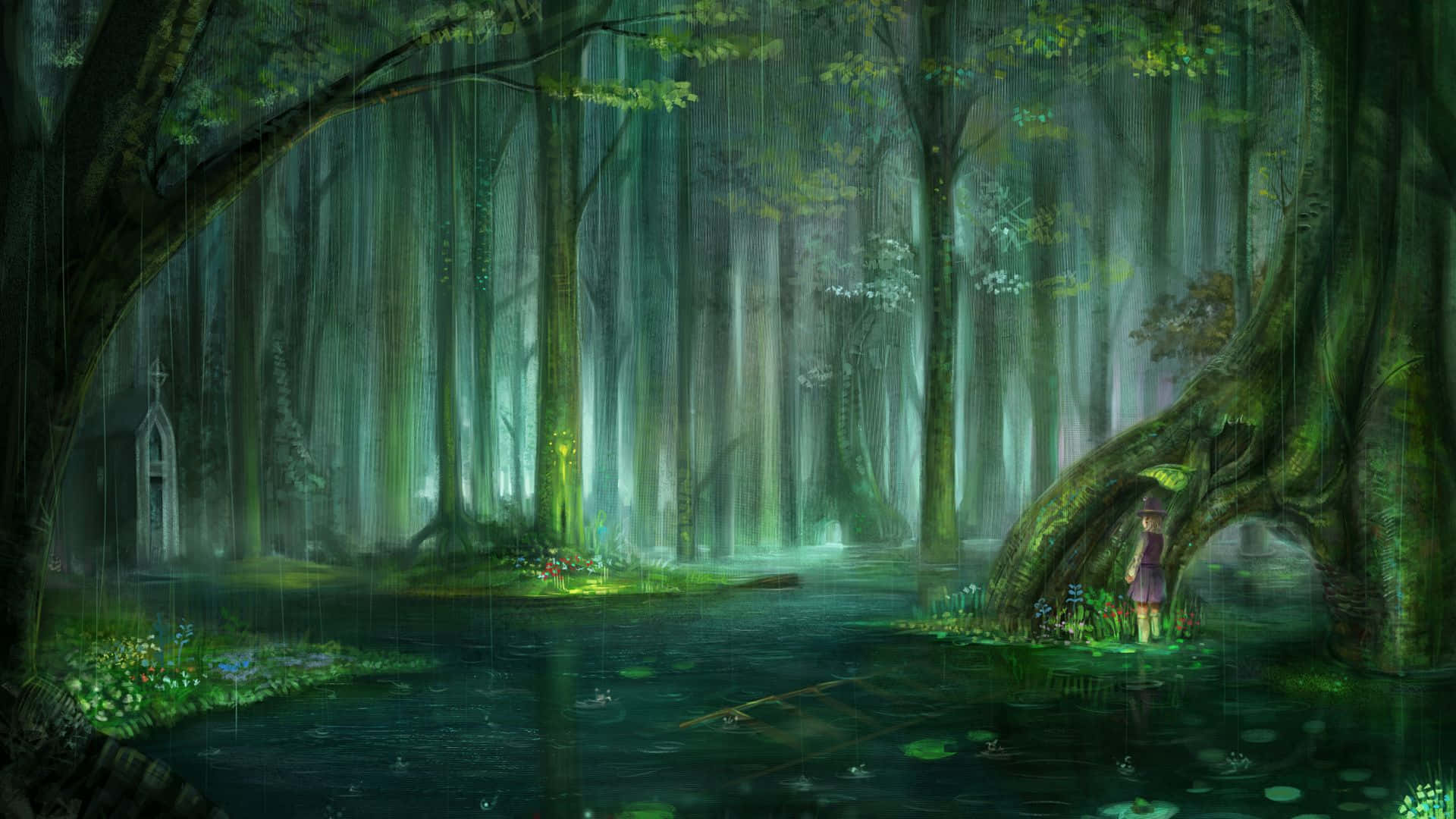 Anime Forest, mossy tree, misty rain-drenched forest, Full HD Desktop Wallpaper