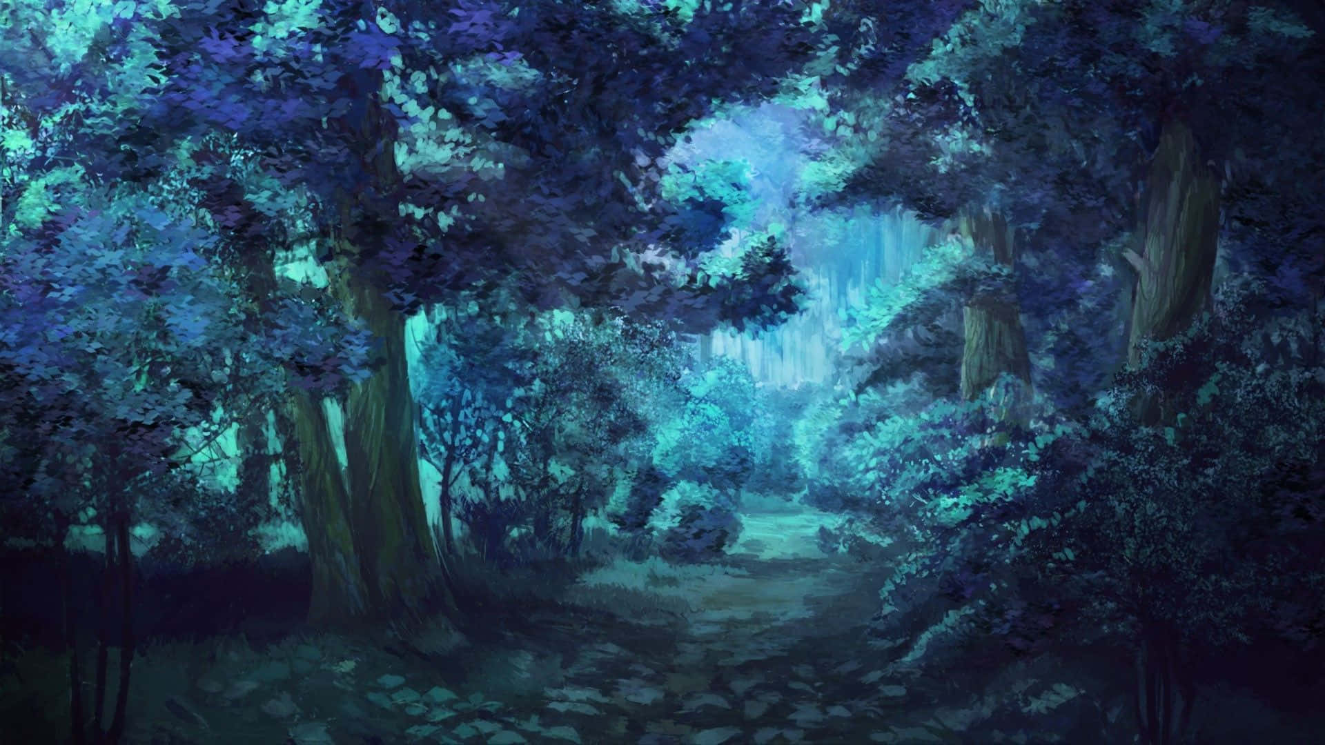 anime forest, mystical forest path, ethereal blue, Full HD Desktop Wallpaper