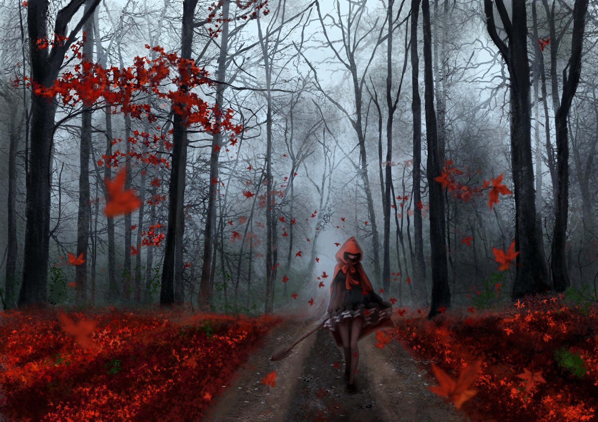 Anime Forest, hooded figure, misty forest path, Full HD Desktop Wallpaper