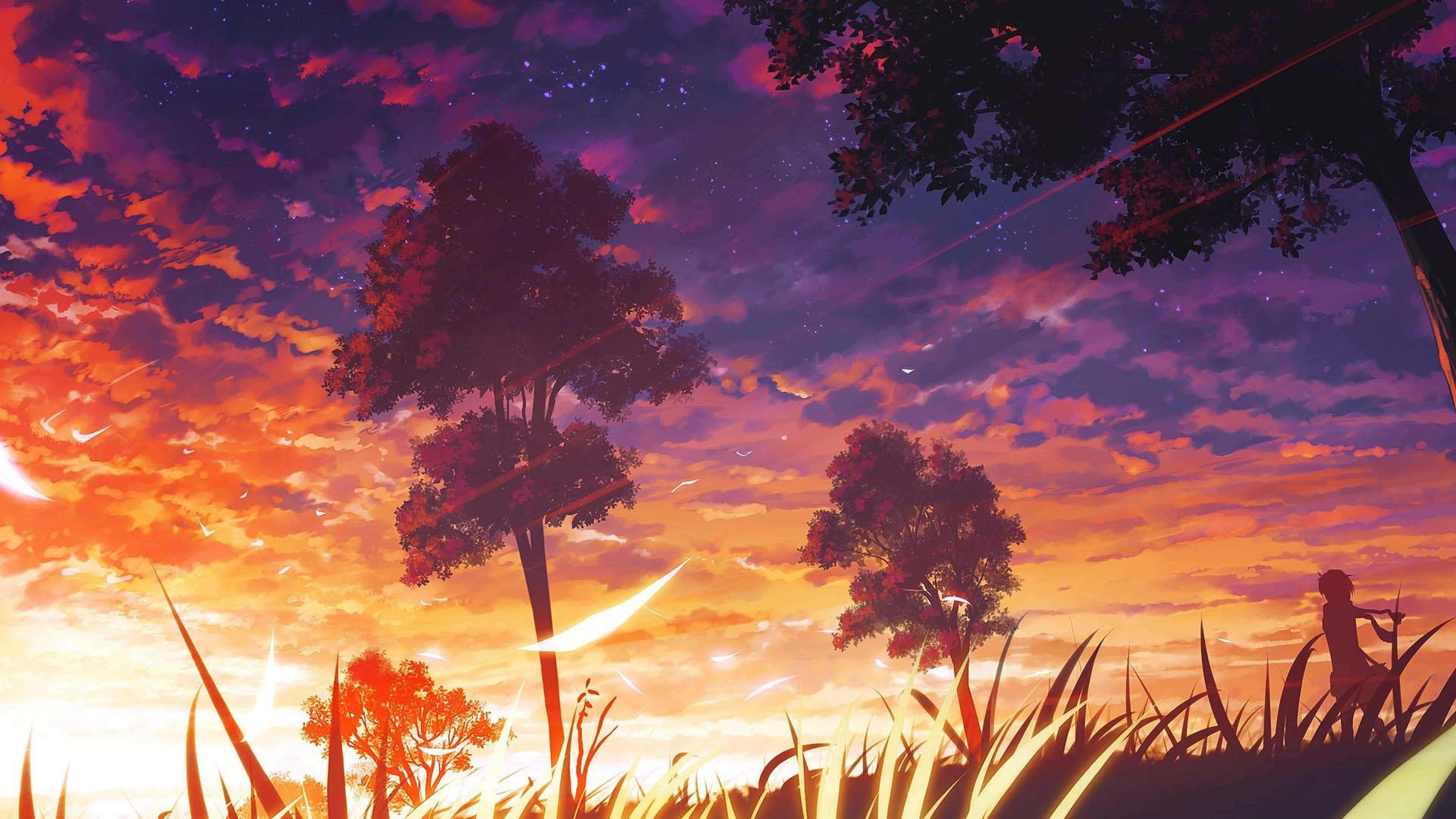 anime forest, twilight sky, orange purple, 4K Desktop Wallpaper