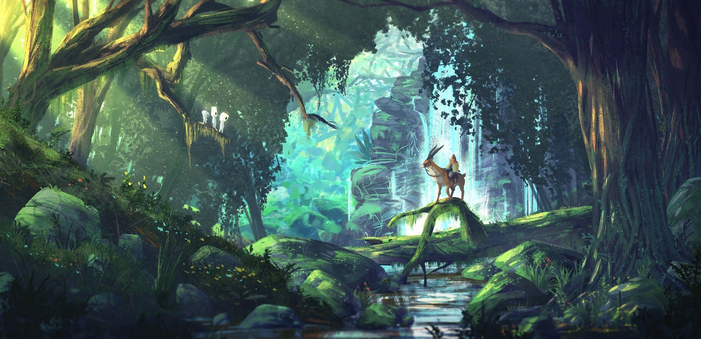deer, mossy rock, lush enchanted forest, Full HD Desktop Wallpaper