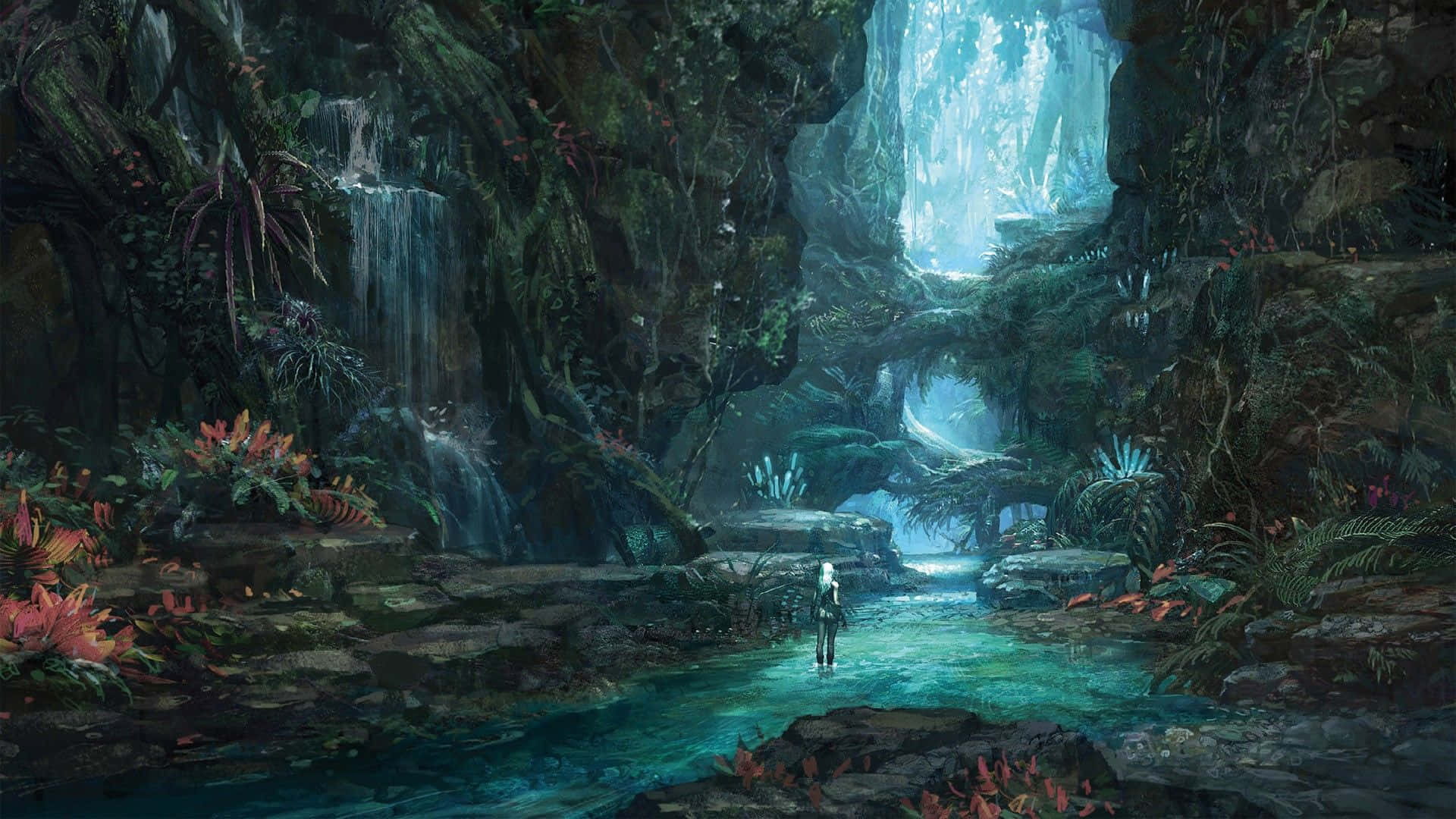 Anime Forest, glowing turquoise pool, lush, mystical jungle cavern, Full HD Desktop Wallpaper