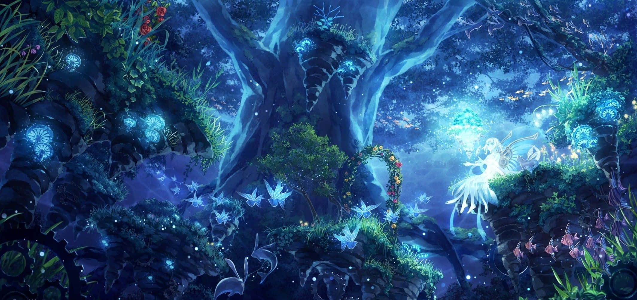 Anime Forest, glowing fairy, luminous blue mushrooms, Full HD Desktop Wallpaper