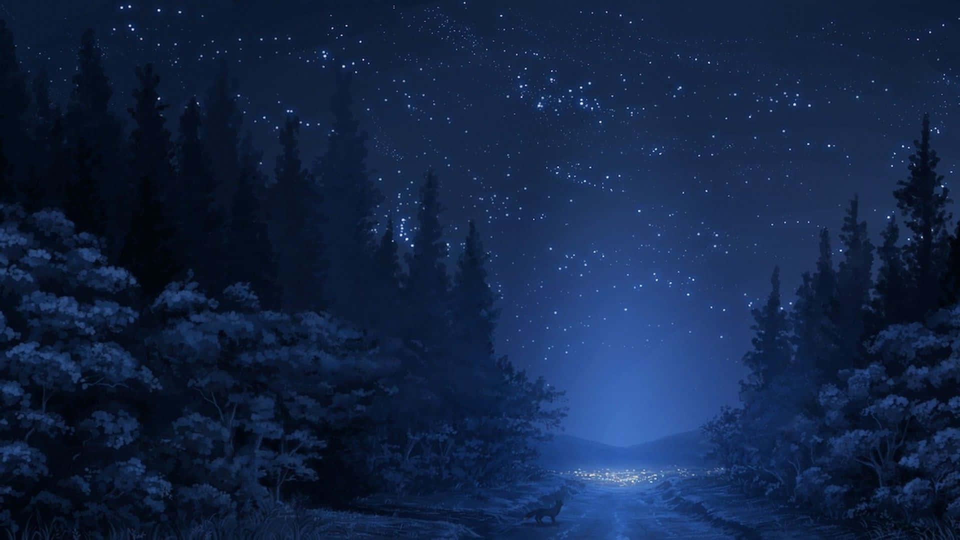 Anime Forest, starry night sky, snowy forest path, Full HD Desktop Wallpaper