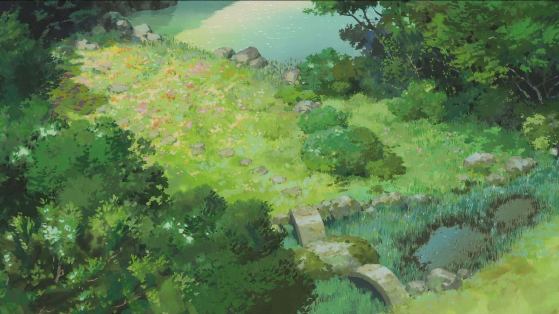 Anime Forest, hillside, stone path, Full HD Desktop Wallpaper