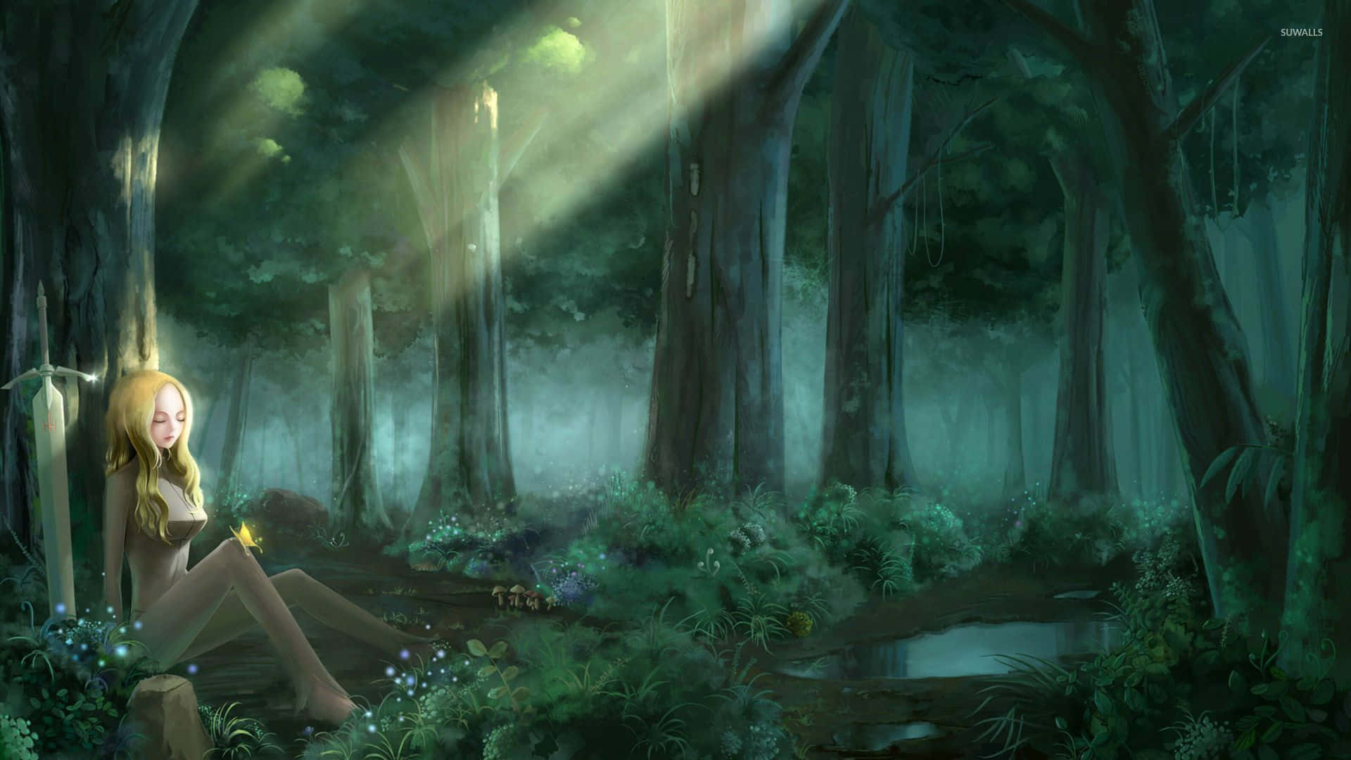 Anime Forest, anime girl, long blonde hair, Full HD Desktop Wallpaper