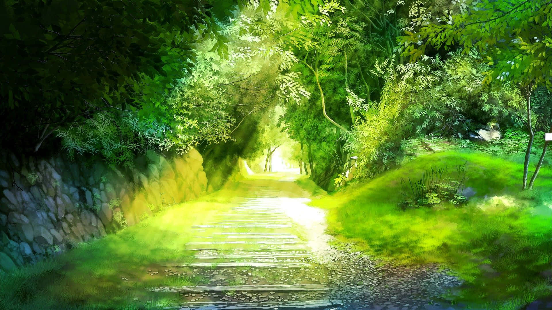 surreal anime forest, sunlit stone path, lush green forest, Full HD Desktop Wallpaper