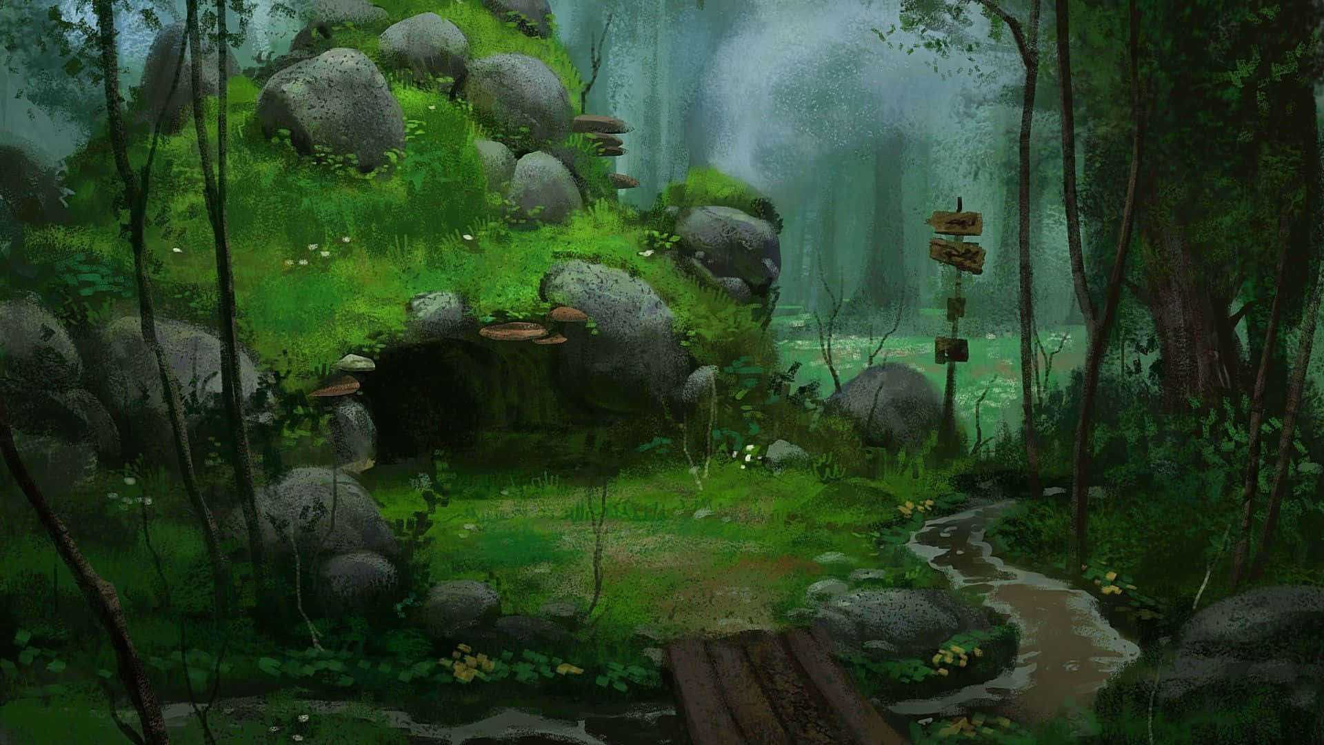 Anime-inspired forest, misty forest, mossy rocks, Full HD Desktop Wallpaper