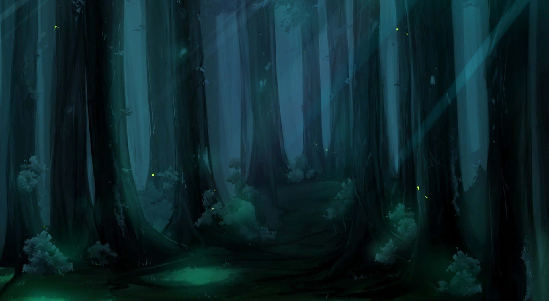 Anime Gloomy Forest, misty forest path, eerie teal light, HD Desktop Wallpaper