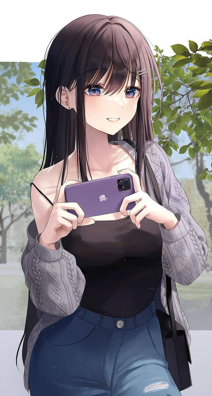 Anime girl, long dark hair, purple phone, HD Phone Wallpaper