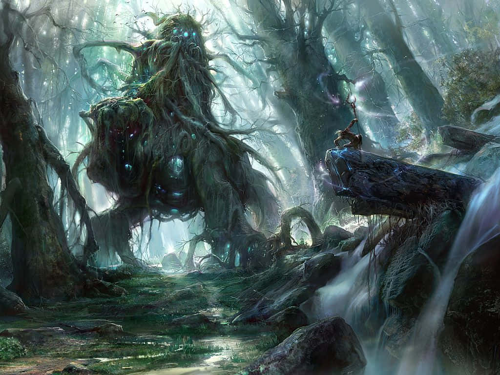 Anime Creepy Forest, colossal tree-like monster, misty enchanted forest, SD Desktop Wallpaper