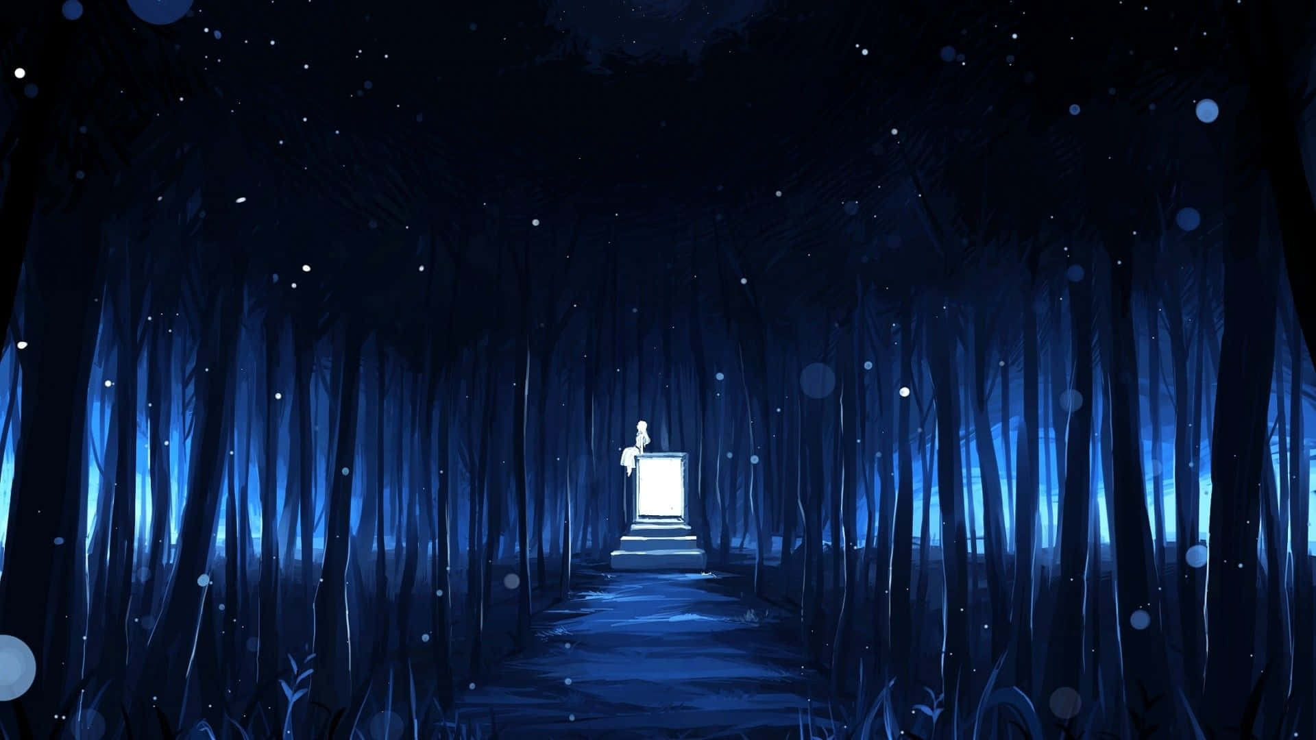 Anime Forest, glowing doorway, mystical blue forest path, Full HD Desktop Wallpaper