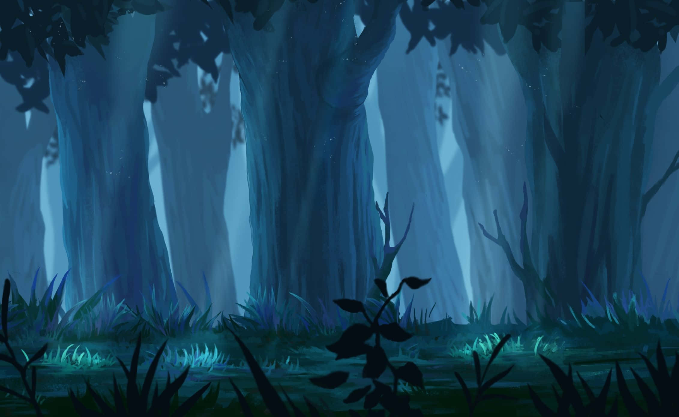 Anime Forest, misty twilight forest, ancient trees, Full HD Desktop Wallpaper